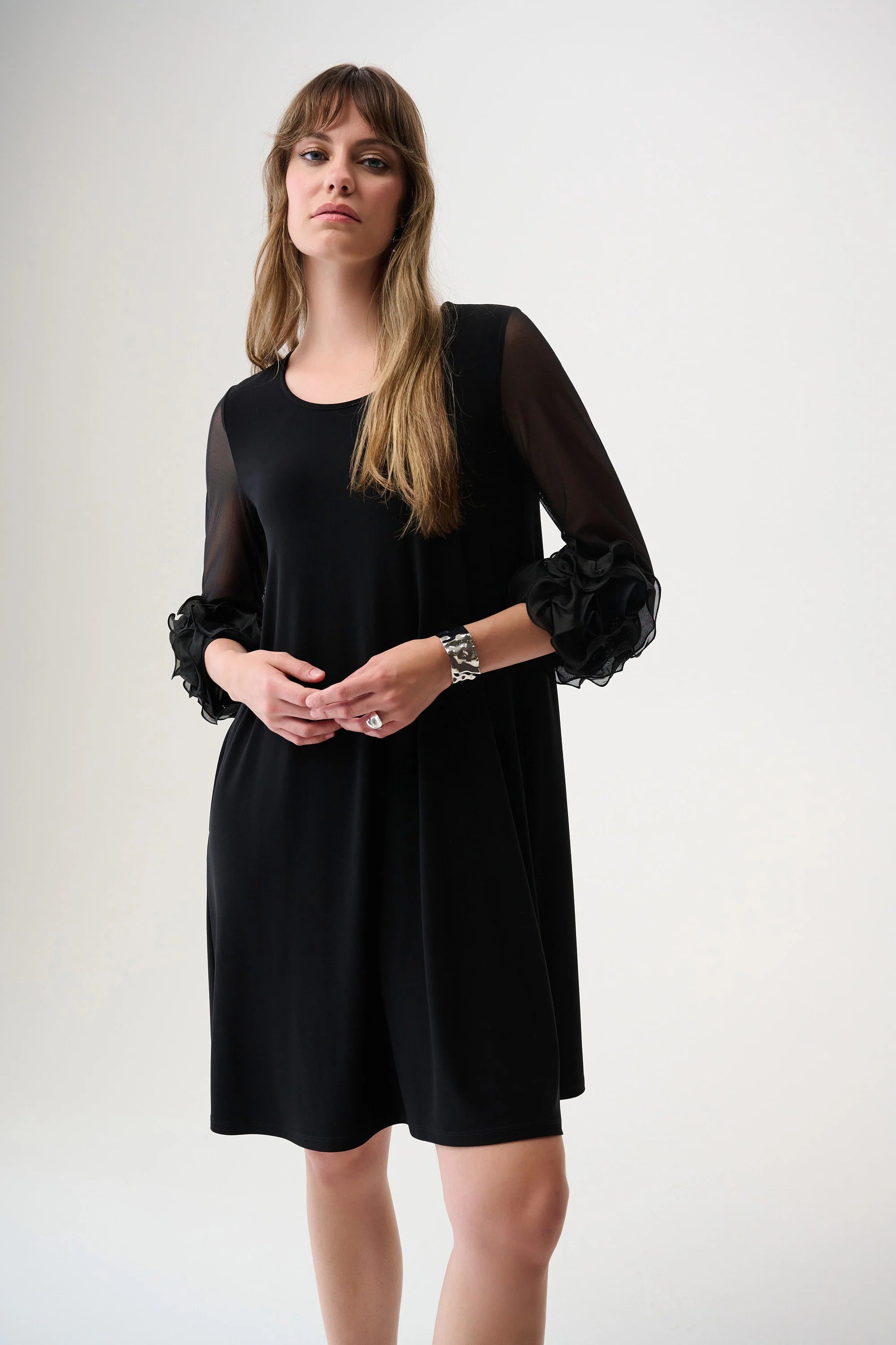 Silky Knit and Mesh A-Line Dress With Ruffled Trim 261212