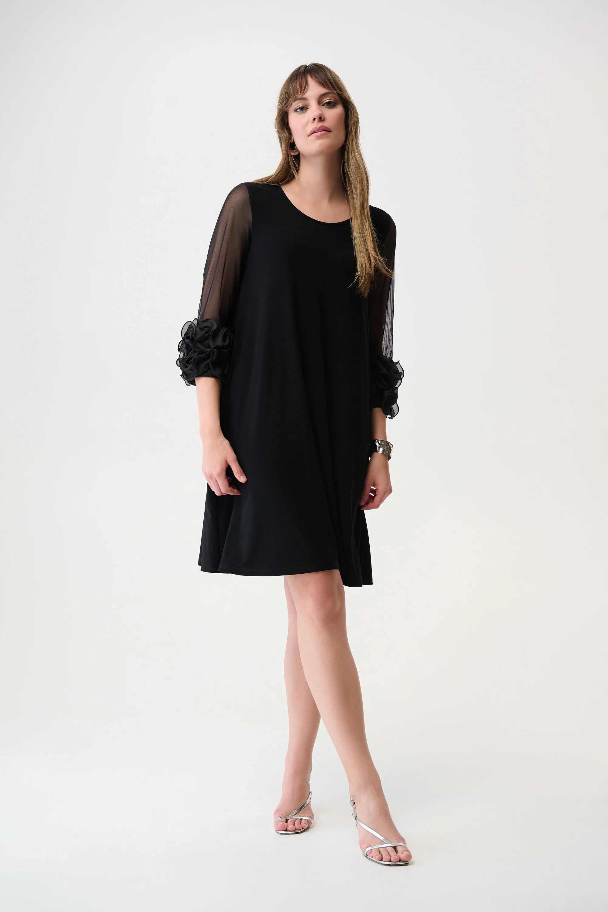 Silky Knit and Mesh A-Line Dress With Ruffled Trim 261212