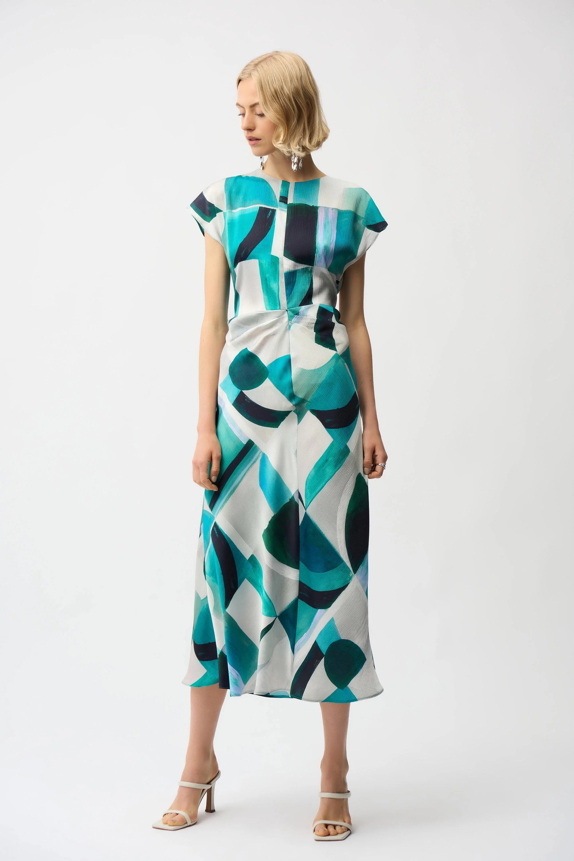 Textured Satin Geometric Print Fit and Flare Dress 261251
