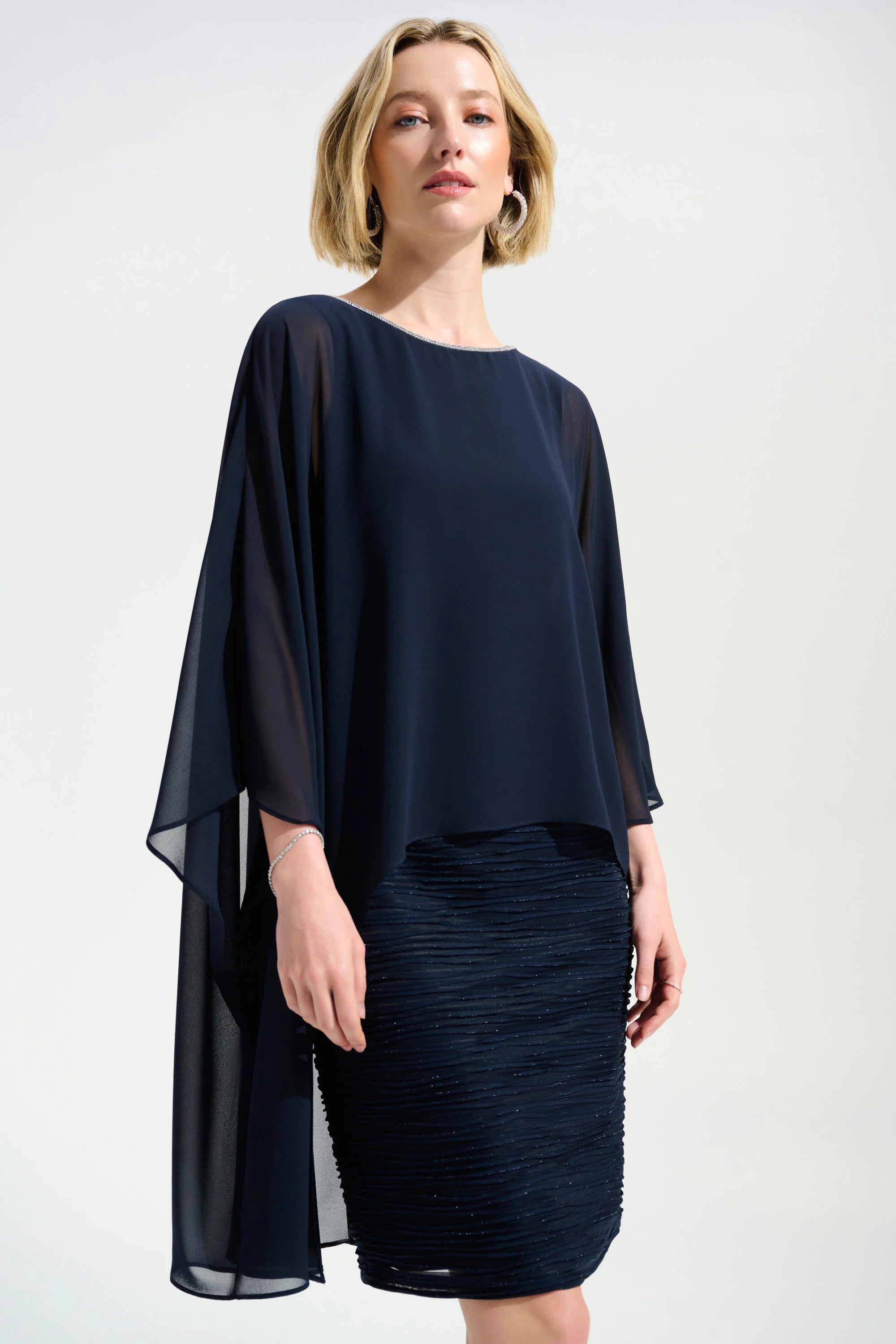 Cascade Knit Sheath Dress With Chiffon Poncho Overlay in Navy 261707