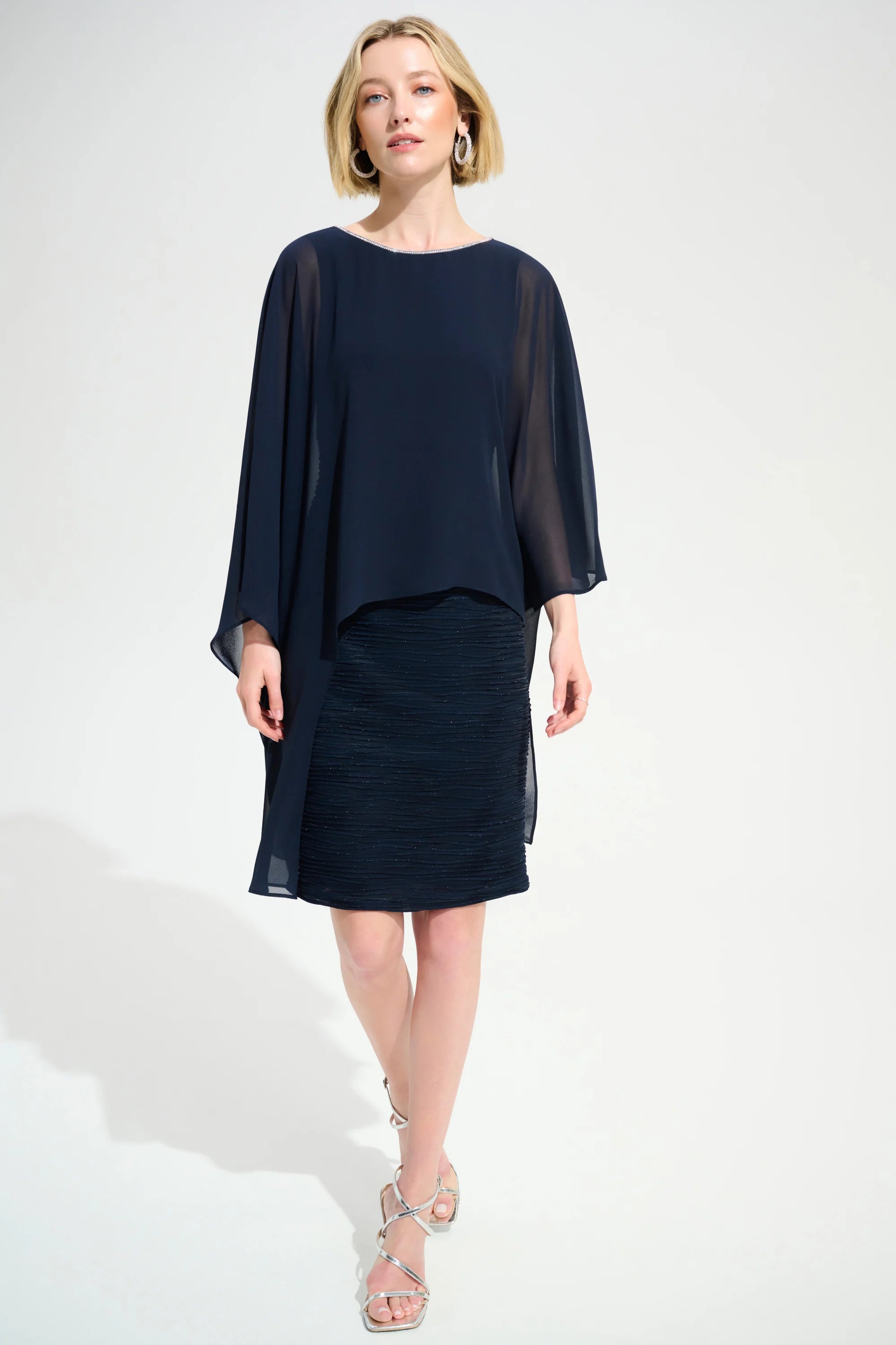 Cascade Knit Sheath Dress With Chiffon Poncho Overlay in Navy 261707
