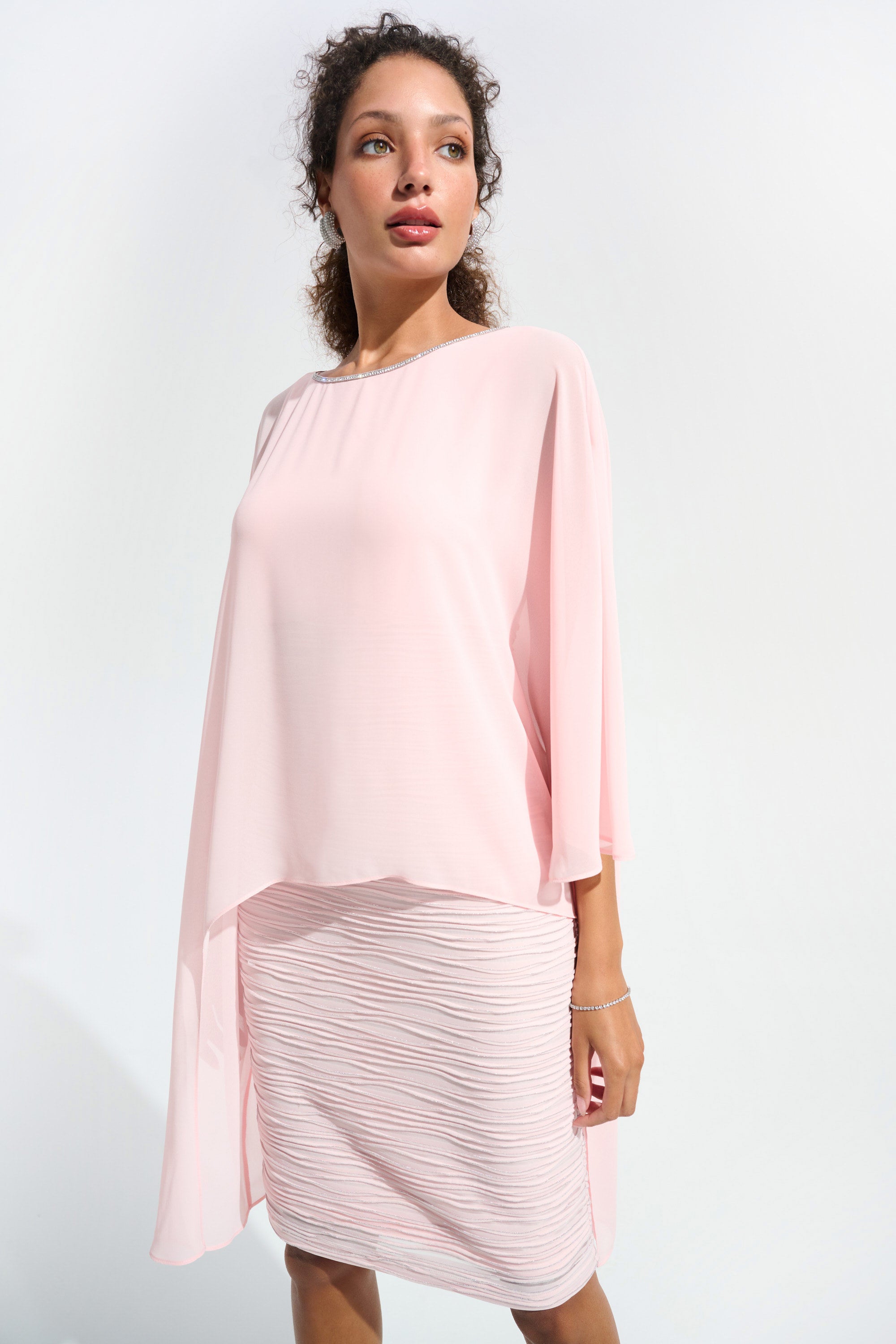 Cascade Knit Sheath Dress With Chiffon Poncho Overlay in Petal Pink 261707
