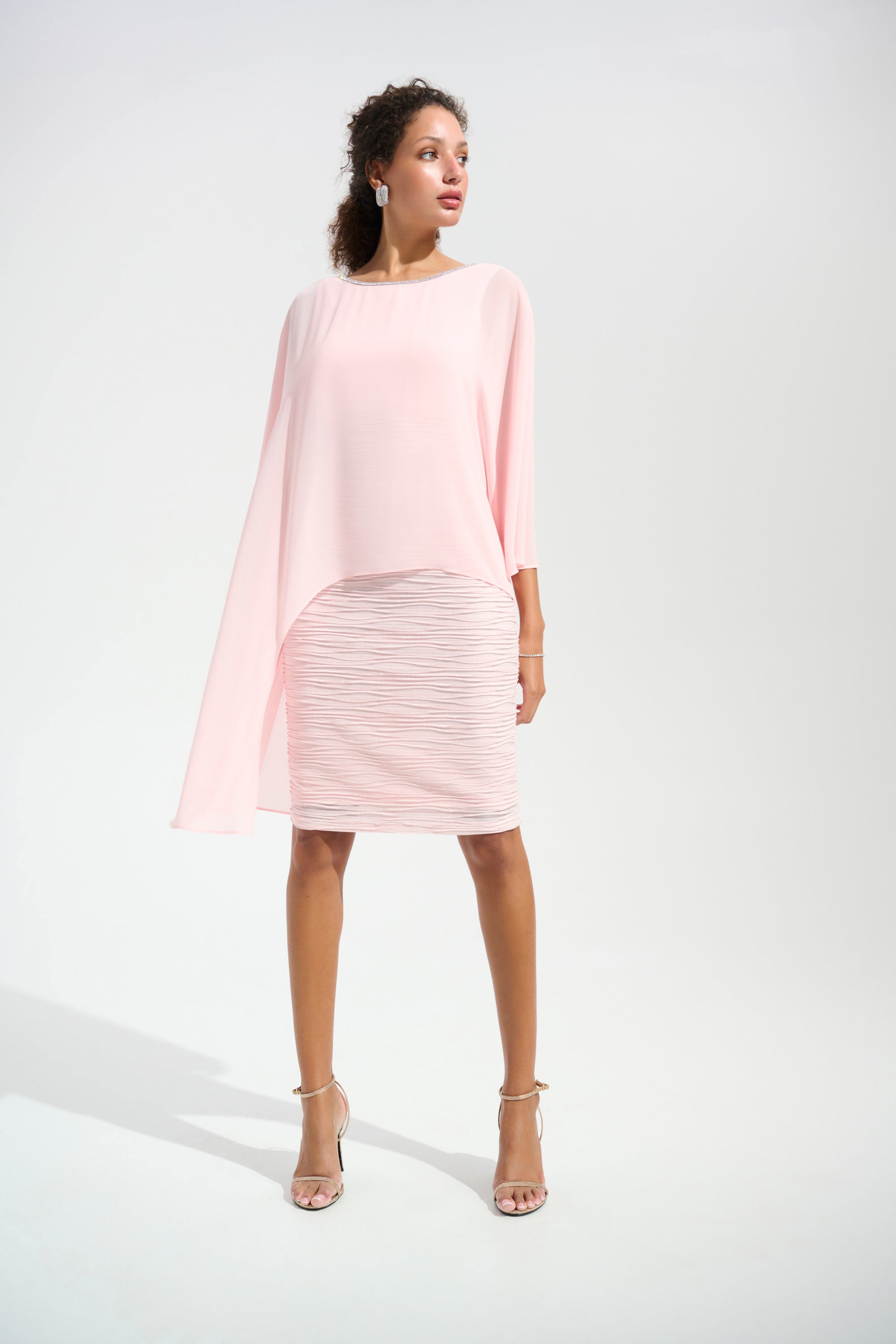 Cascade Knit Sheath Dress With Chiffon Poncho Overlay in Petal Pink 261707