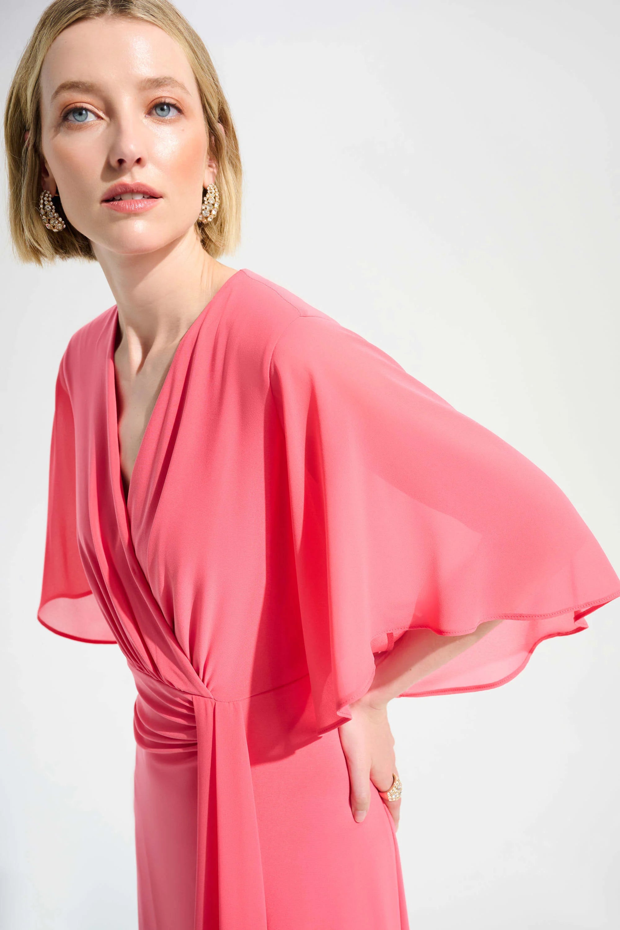 Silky Knit Fit and Flare Dress With Chiffon Draped Sash 261710