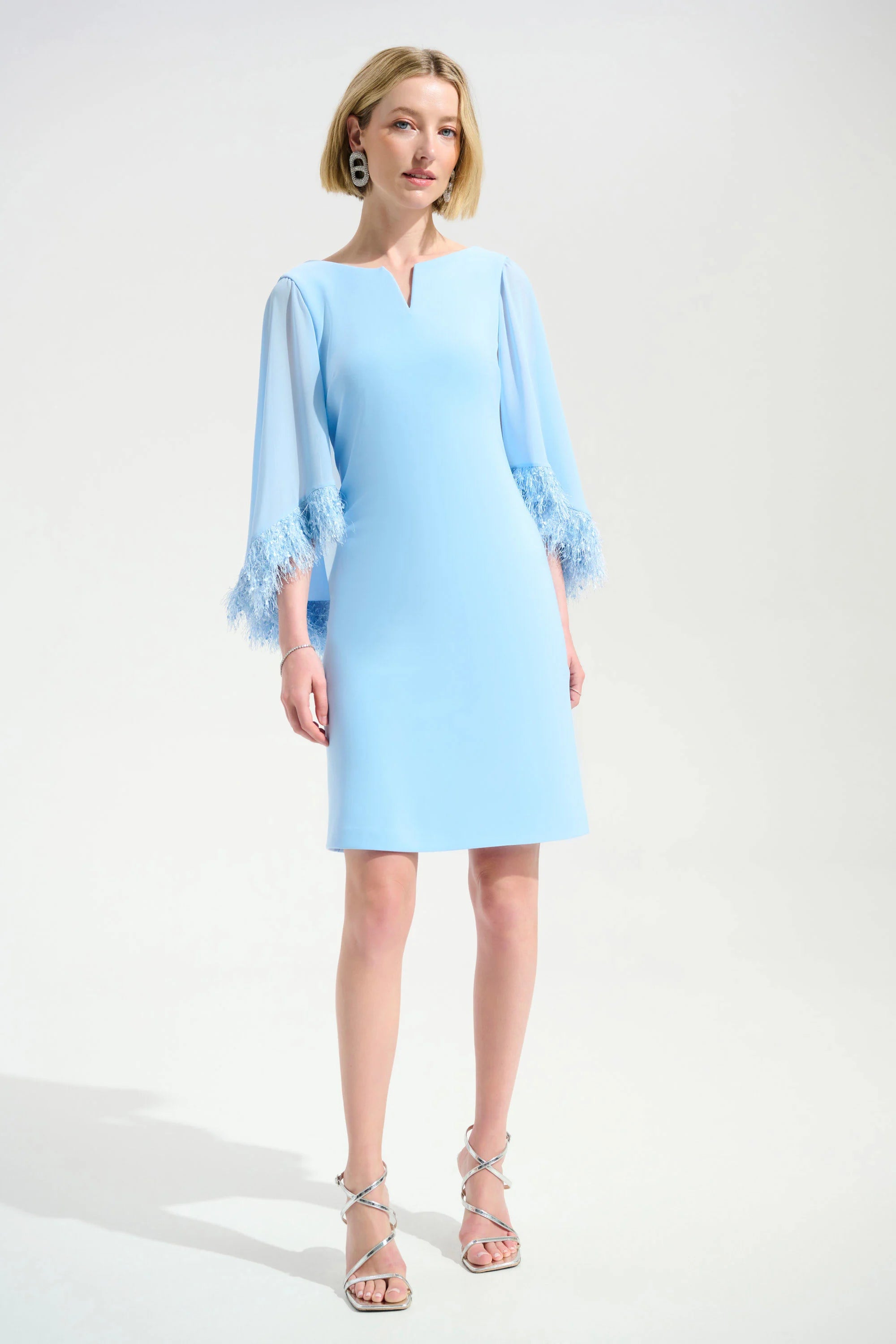 Silky Knit A-Line Dress With Chiffon Cape And Novelty Trim in Soft Blue 261715