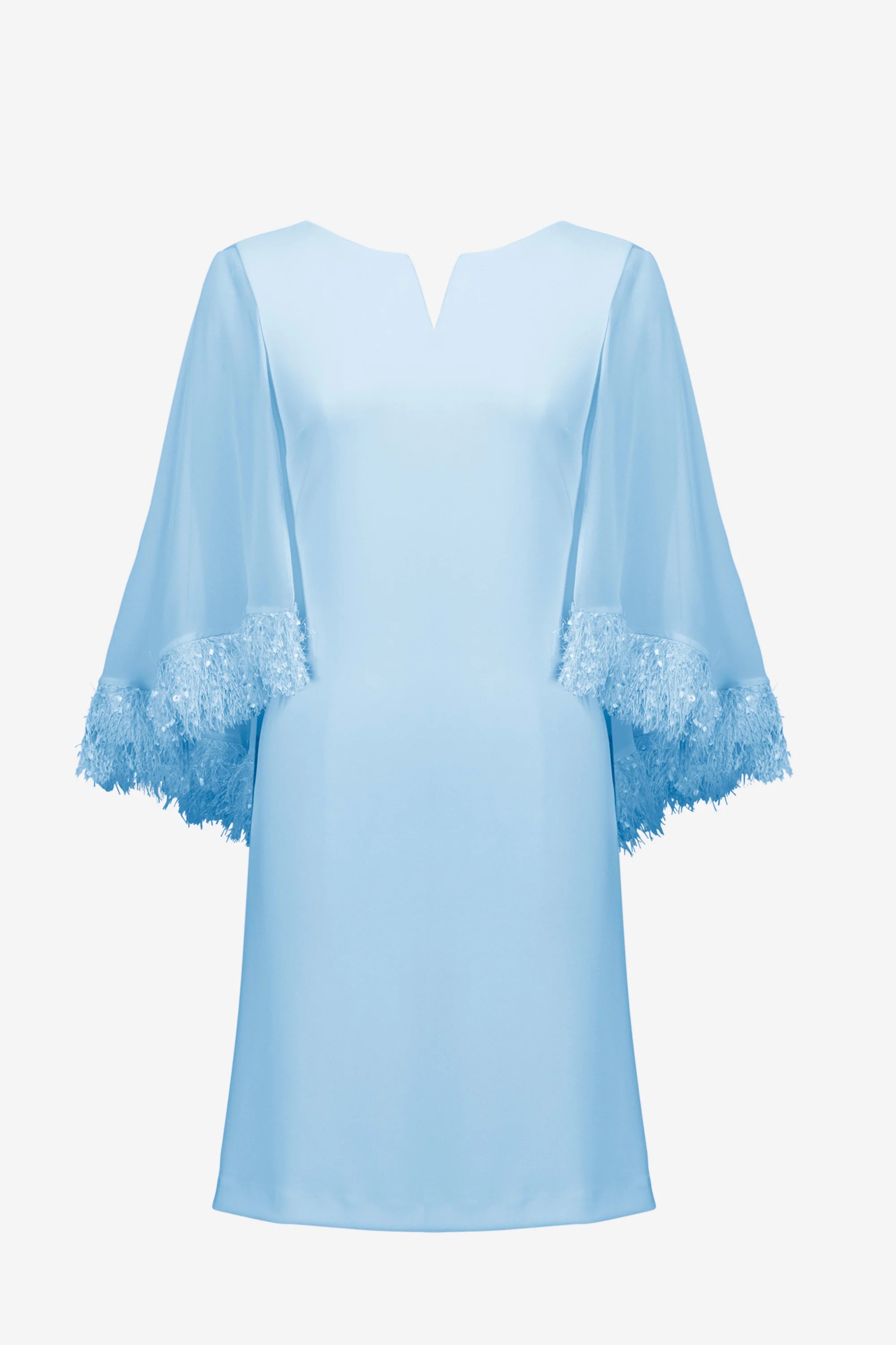 Silky Knit A-Line Dress With Chiffon Cape And Novelty Trim in Soft Blue 261715