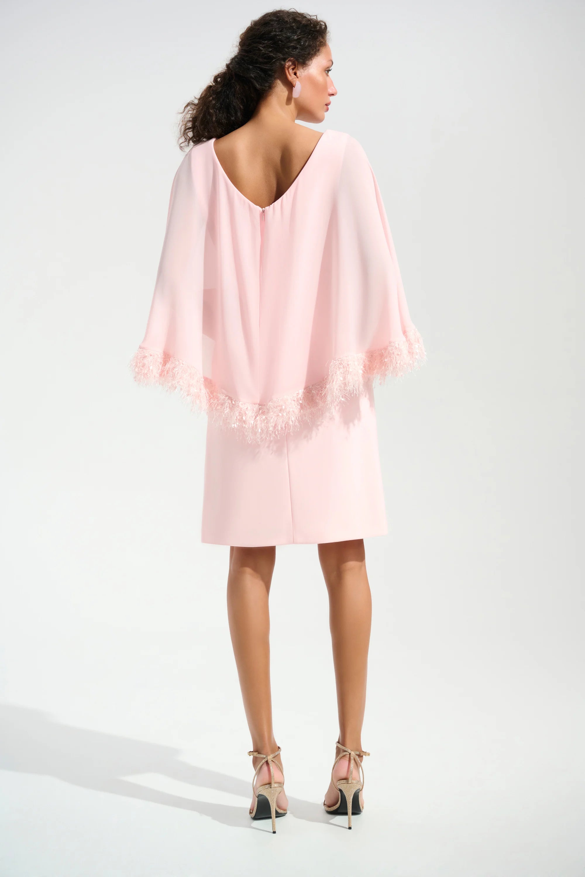 | Silky Knit A-Line Dress With Chiffon Cape And Novelty Trim in Petal Pink 261715