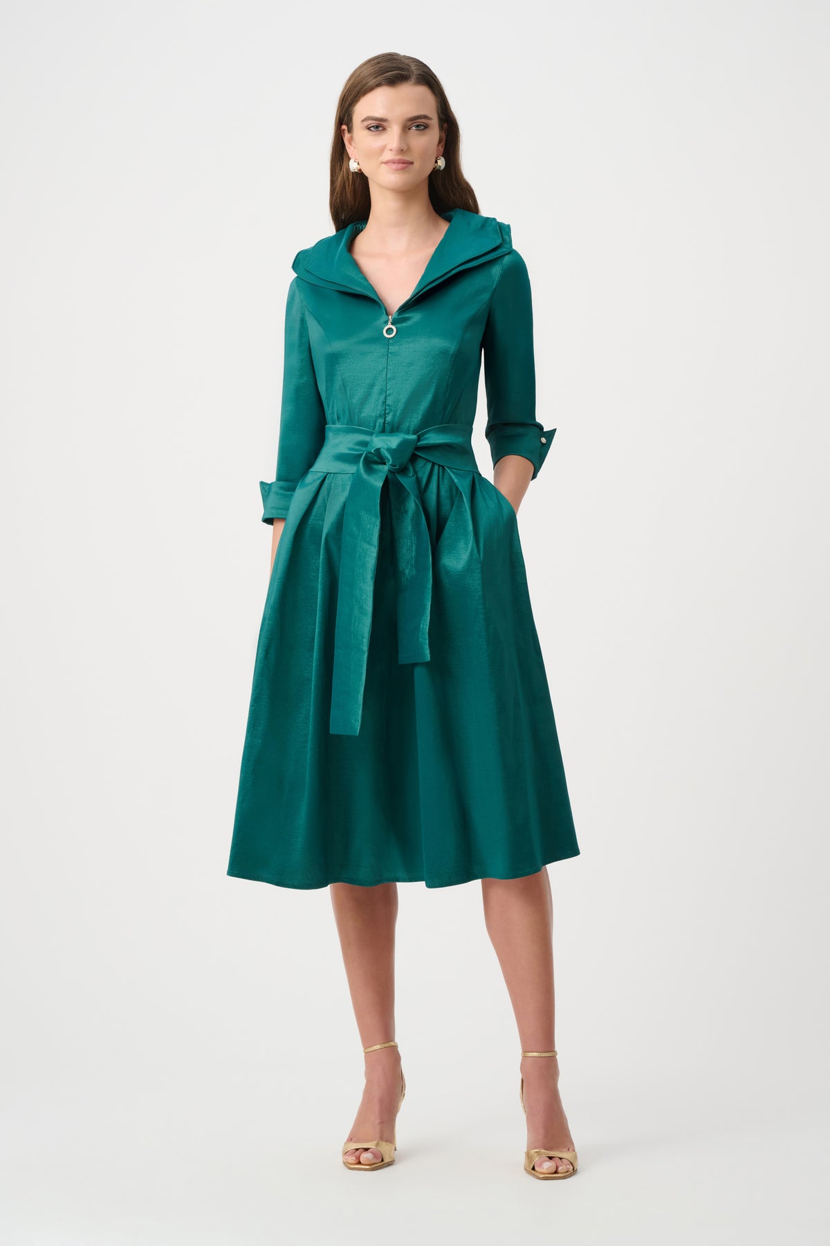 Stretch Taffeta Fit and Flare Dress with Lapel Collar 261719F26