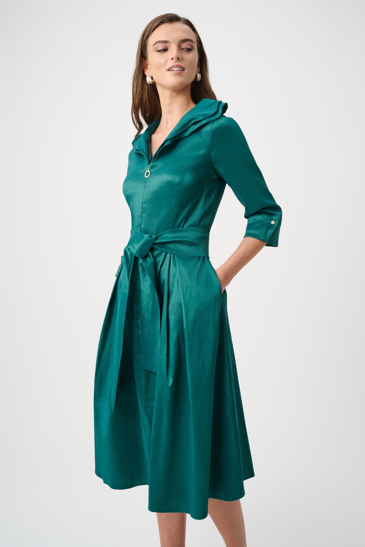 Stretch Taffeta Fit and Flare Dress with Lapel Collar 261719F26