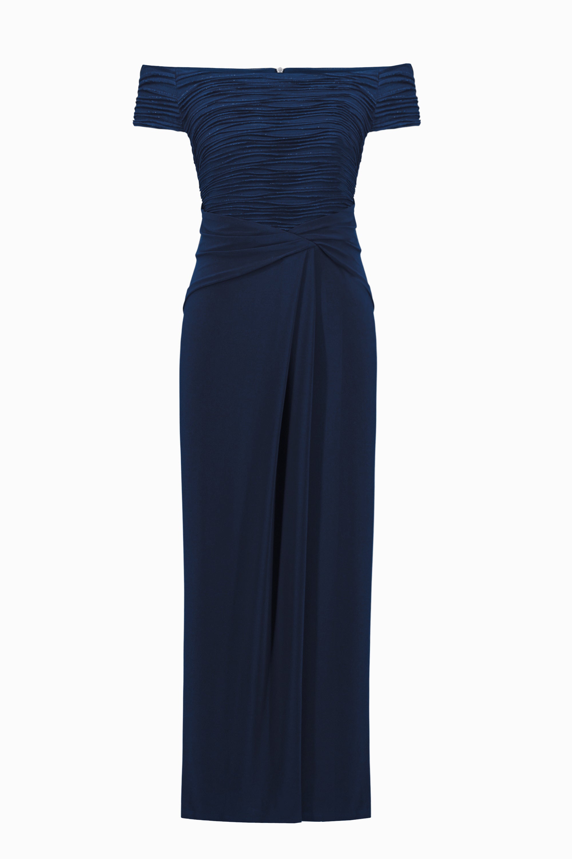 Silky Knit And Cascade Off-Shoulder Sheath Gown in Navy 261733