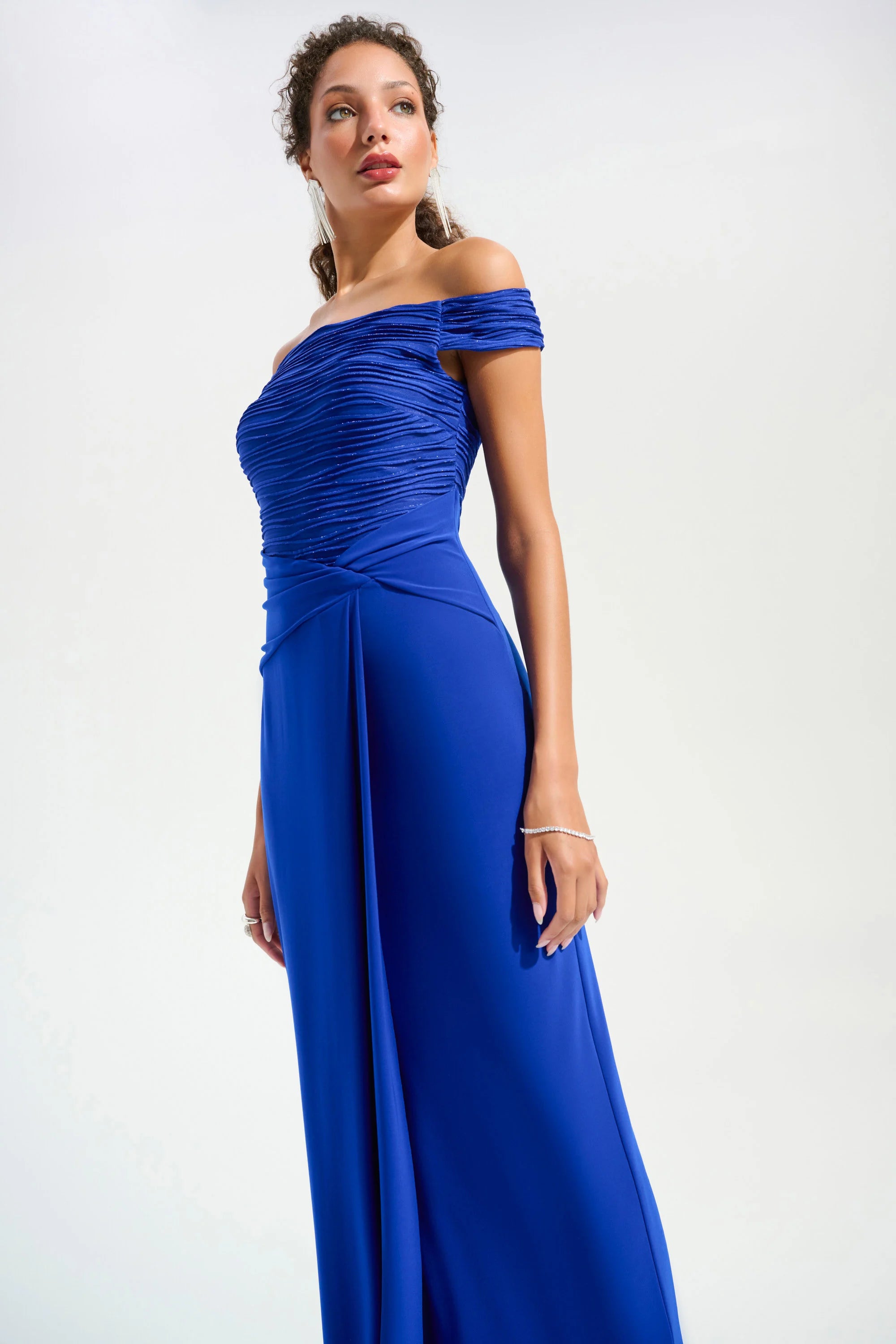 Silky Knit And Cascade Off-Shoulder Sheath Gown 261733