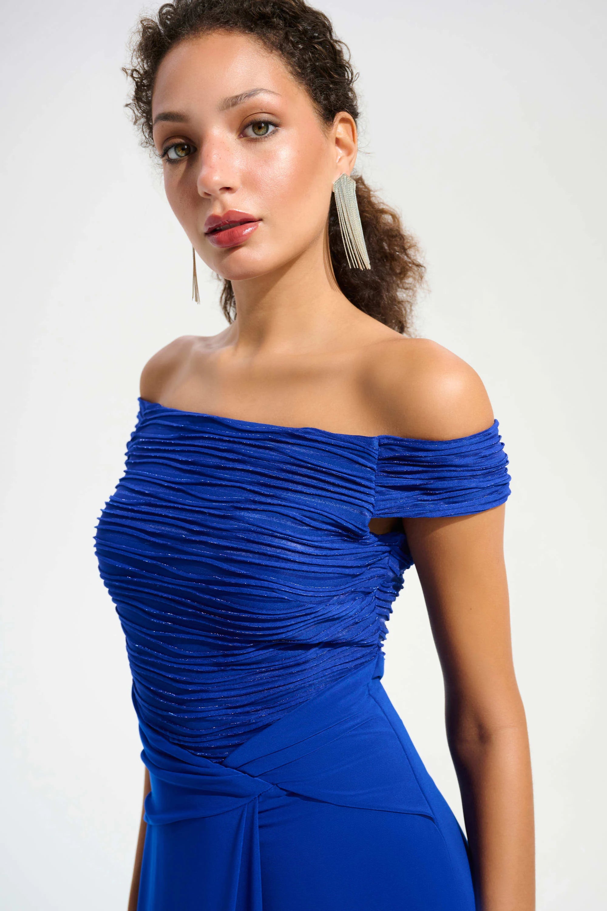 Silky Knit And Cascade Off-Shoulder Sheath Gown 261733