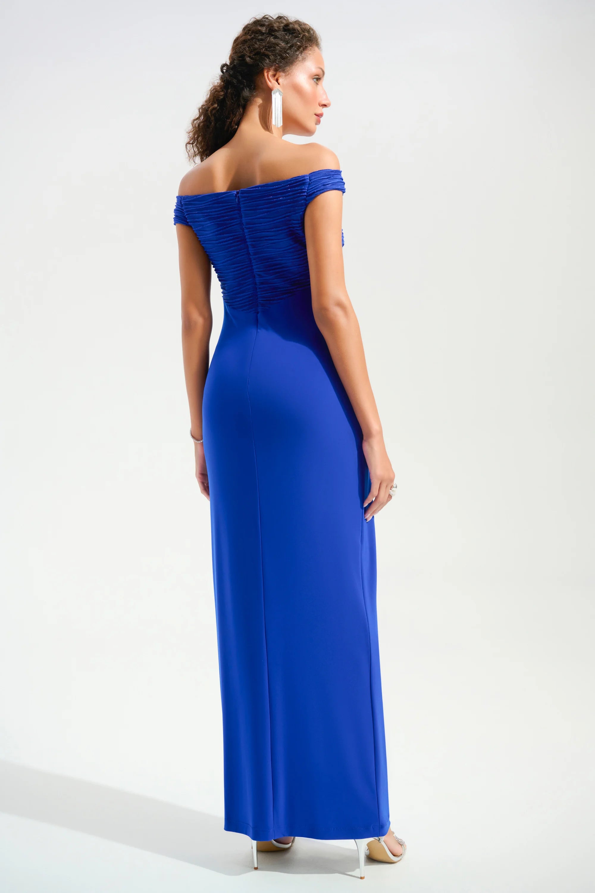 Silky Knit And Cascade Off-Shoulder Sheath Gown 261733