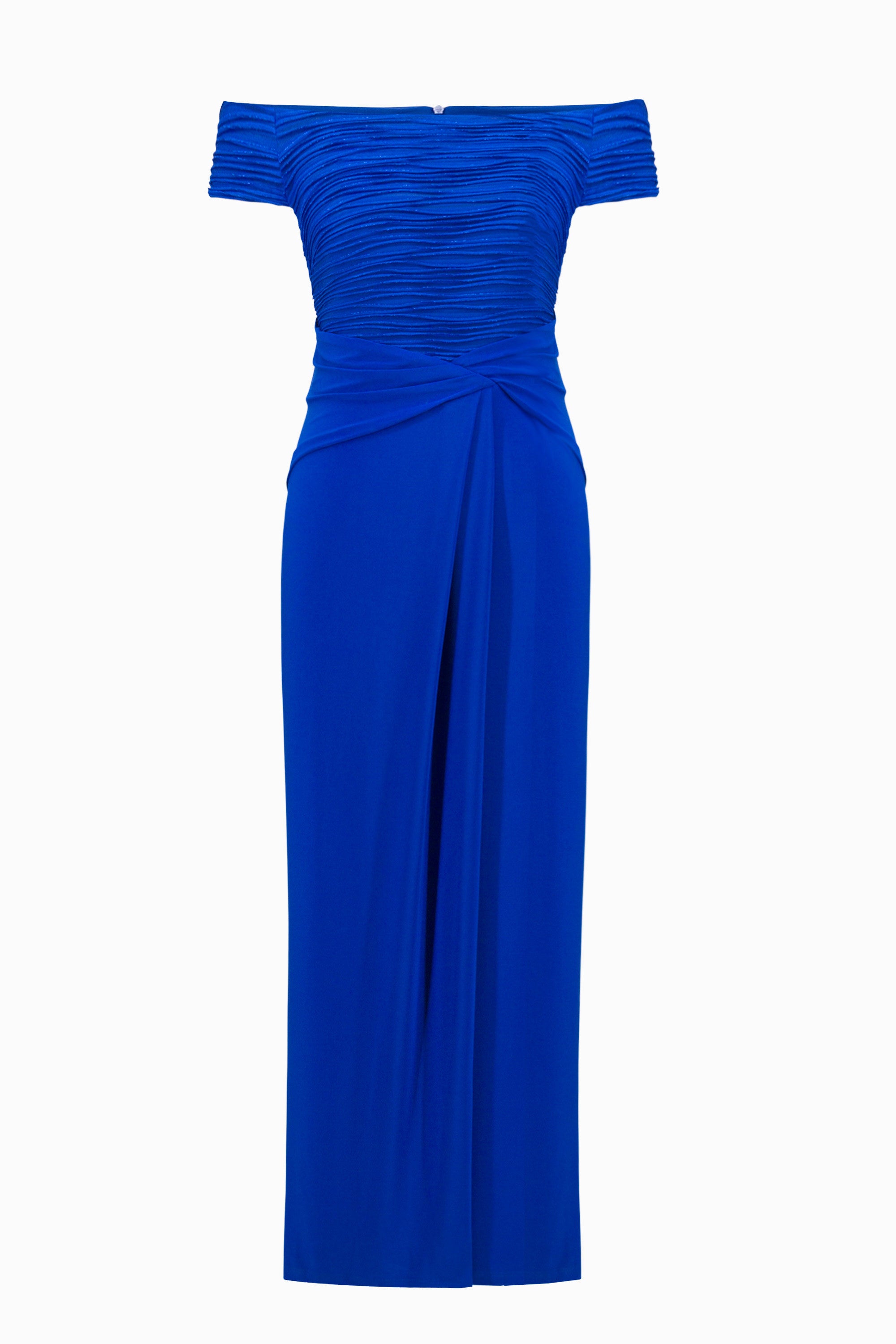 Silky Knit And Cascade Off-Shoulder Sheath Gown 261733