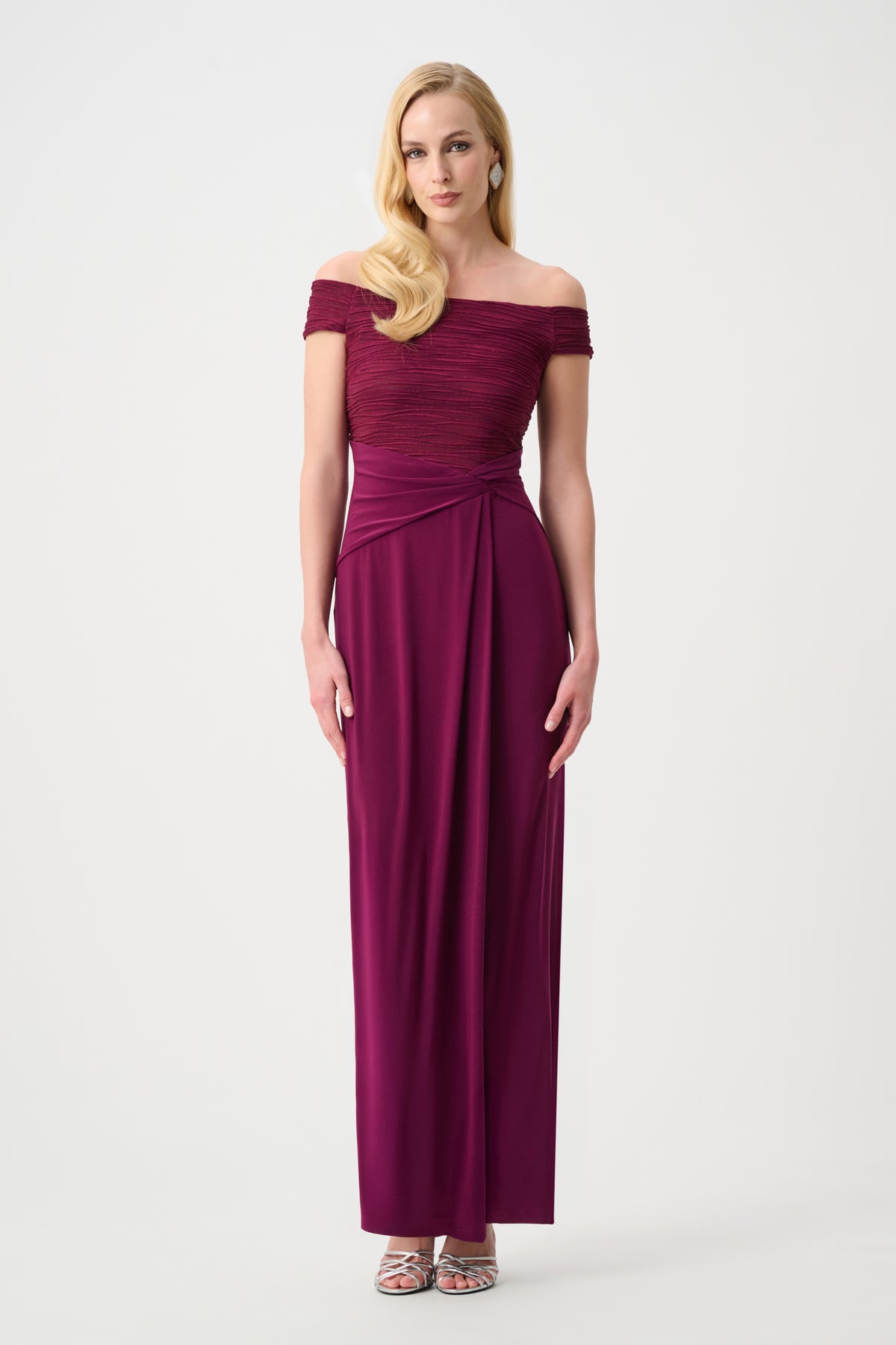 Silky Knit And Cascade Off-Shoulder Sheath Gown in Berry 261733F26