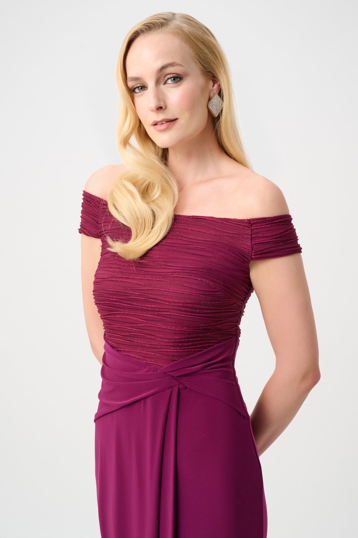 Silky Knit And Cascade Off-Shoulder Sheath Gown in Berry 261733F26