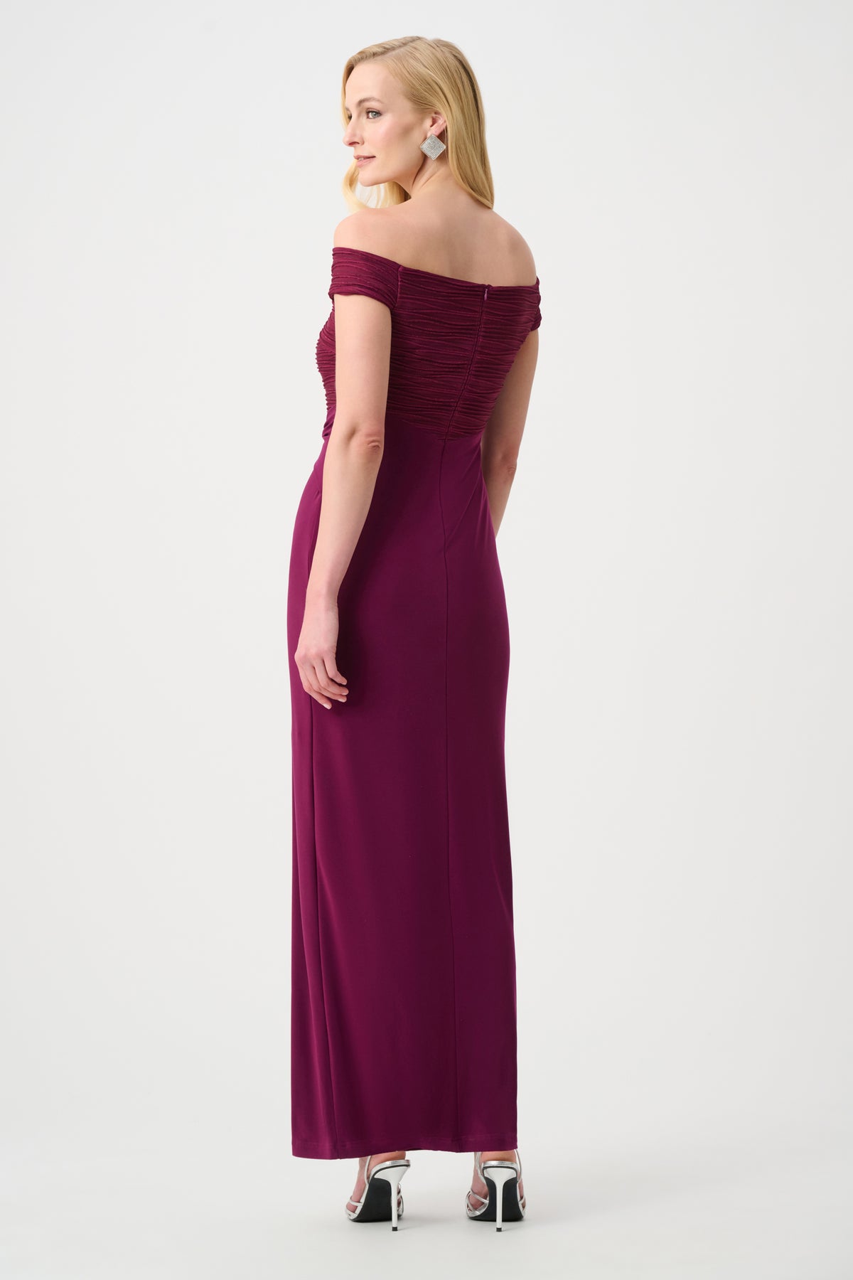 Silky Knit And Cascade Off-Shoulder Sheath Gown in Berry 261733F26
