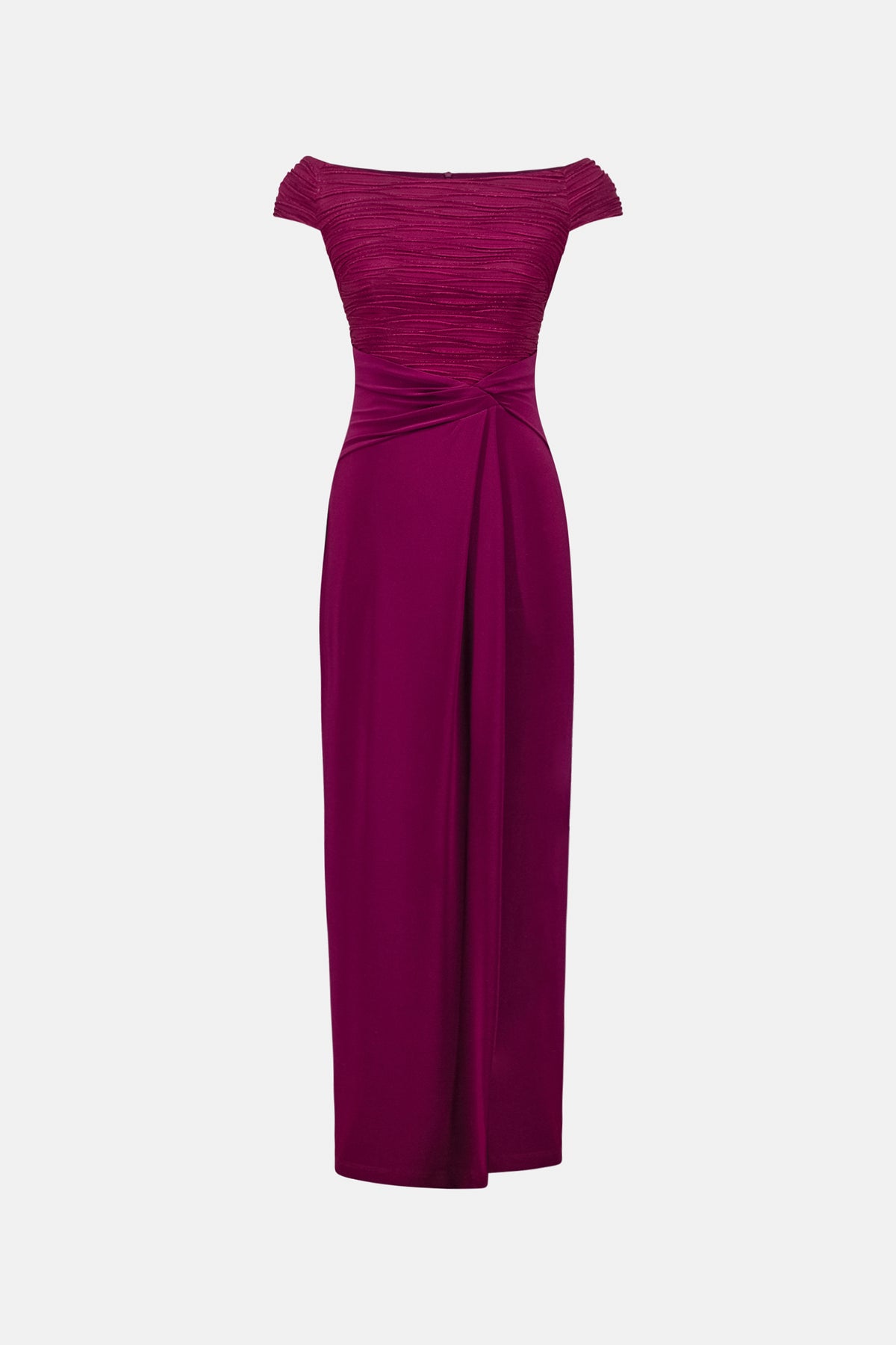 Silky Knit And Cascade Off-Shoulder Sheath Gown in Berry 261733F26