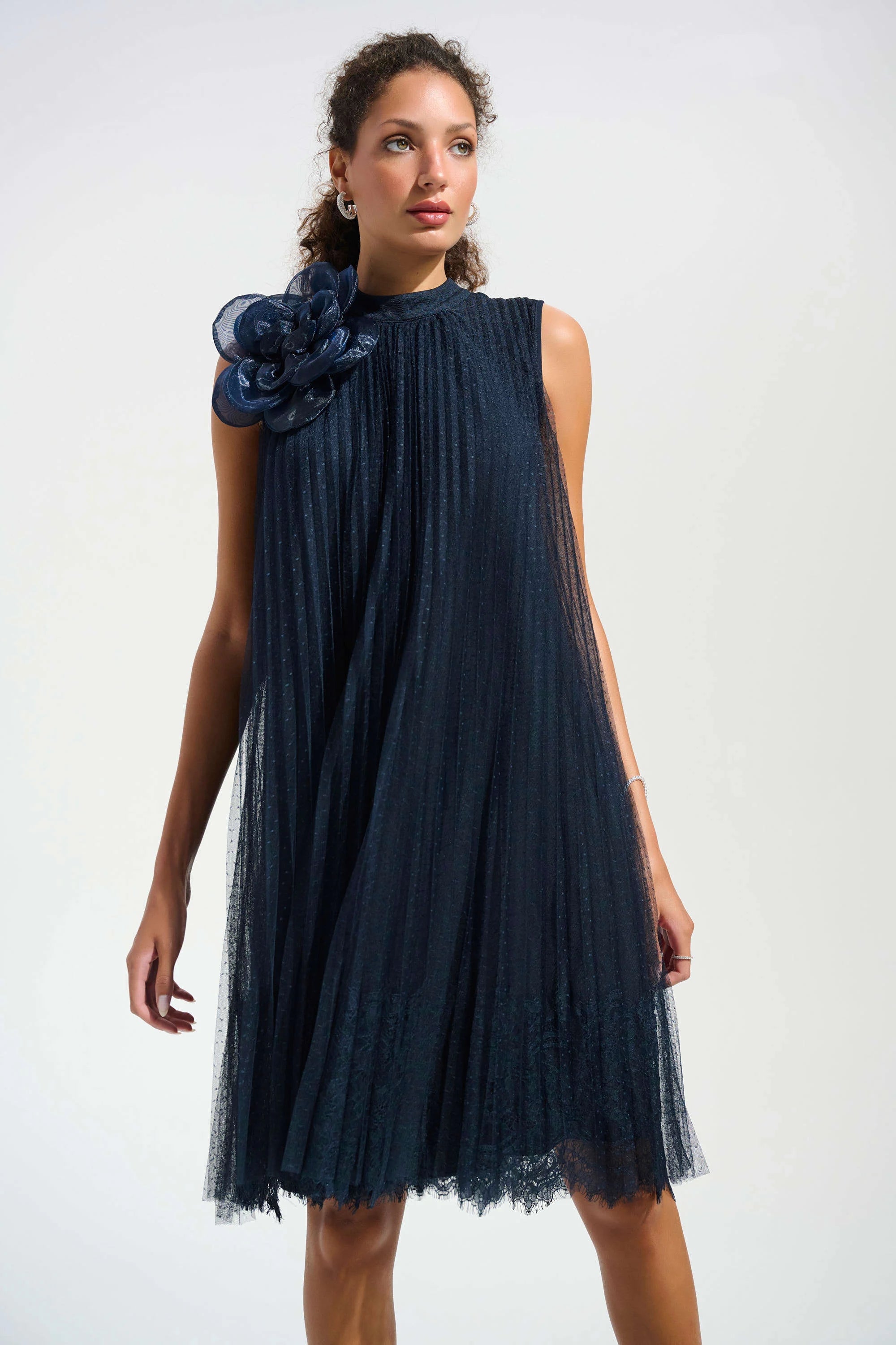 | Mesh And Lace A-Line Dress With Organza Flower Detail 261737