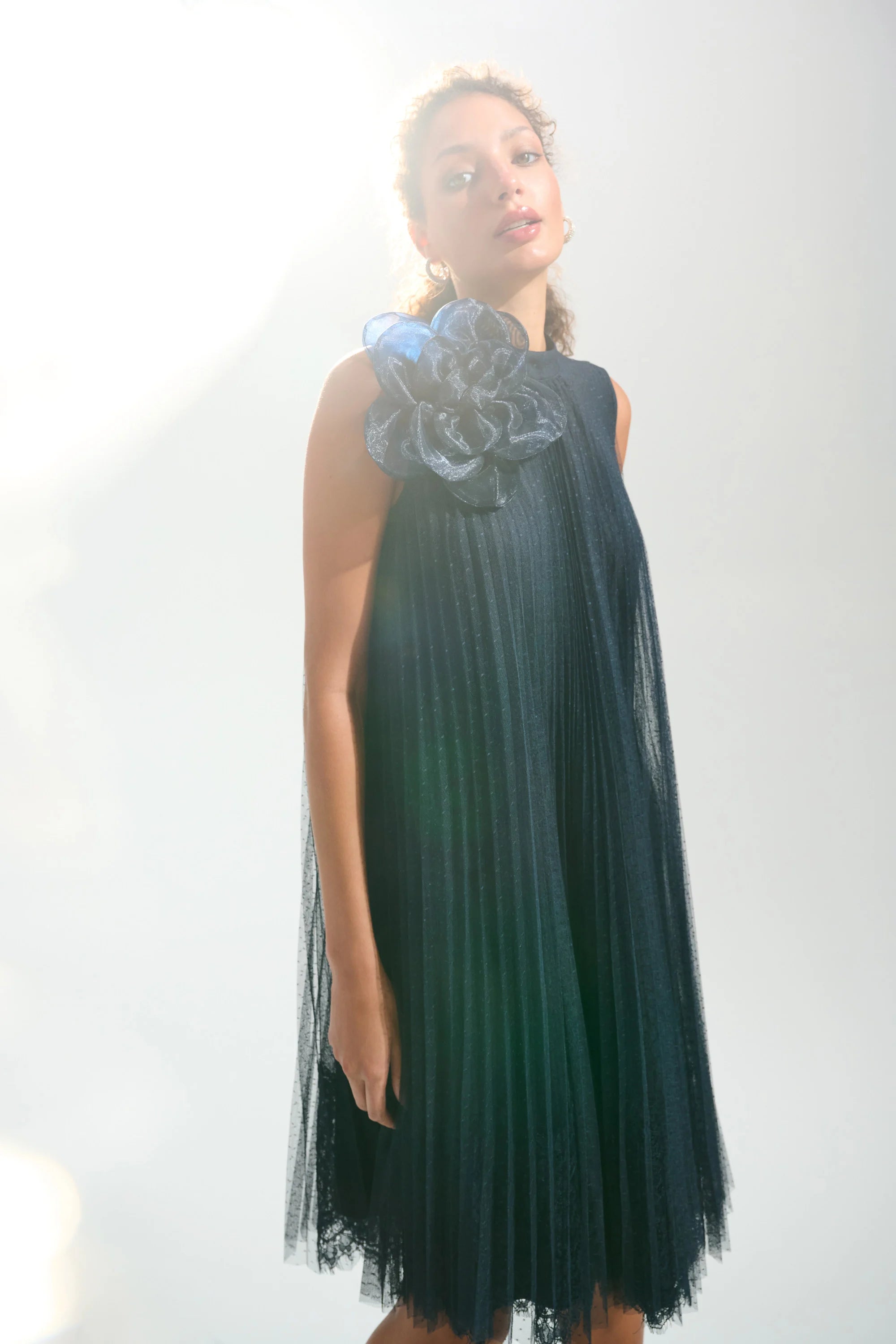 | Mesh And Lace A-Line Dress With Organza Flower Detail 261737
