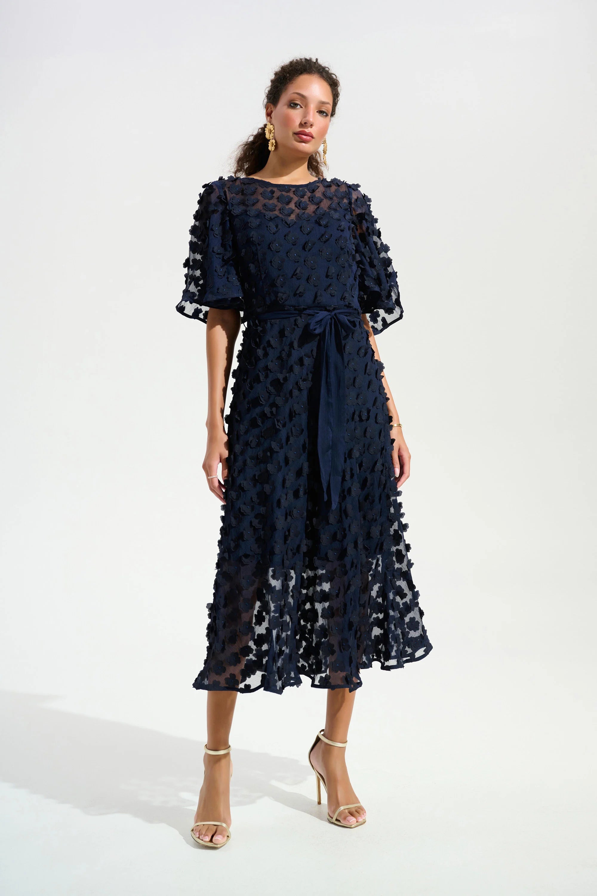 3D Embroidered Chiffon Fit And Flare Dress With Sash Belt in Navy 261738