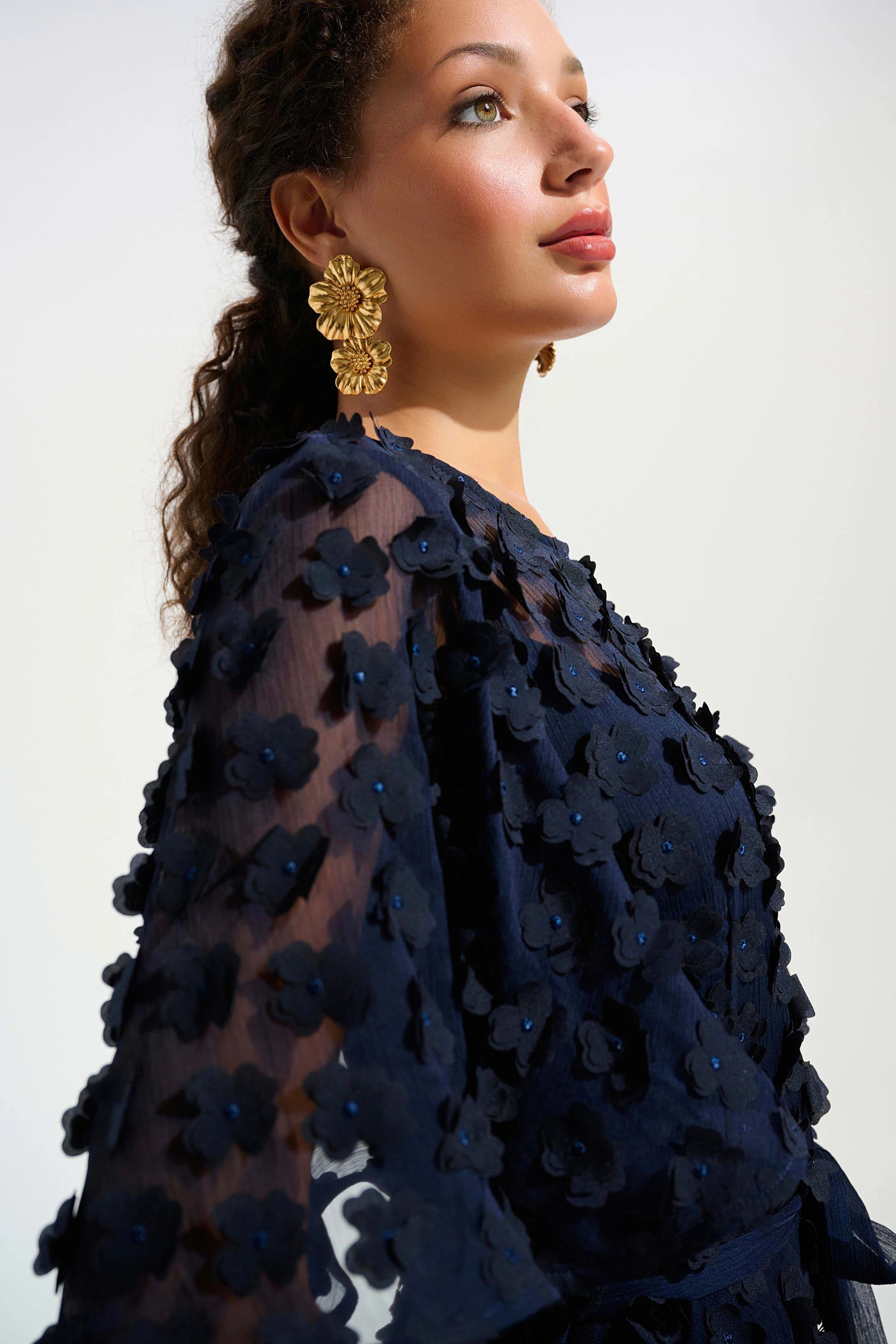 3D Embroidered Chiffon Fit And Flare Dress With Sash Belt in Navy 261738