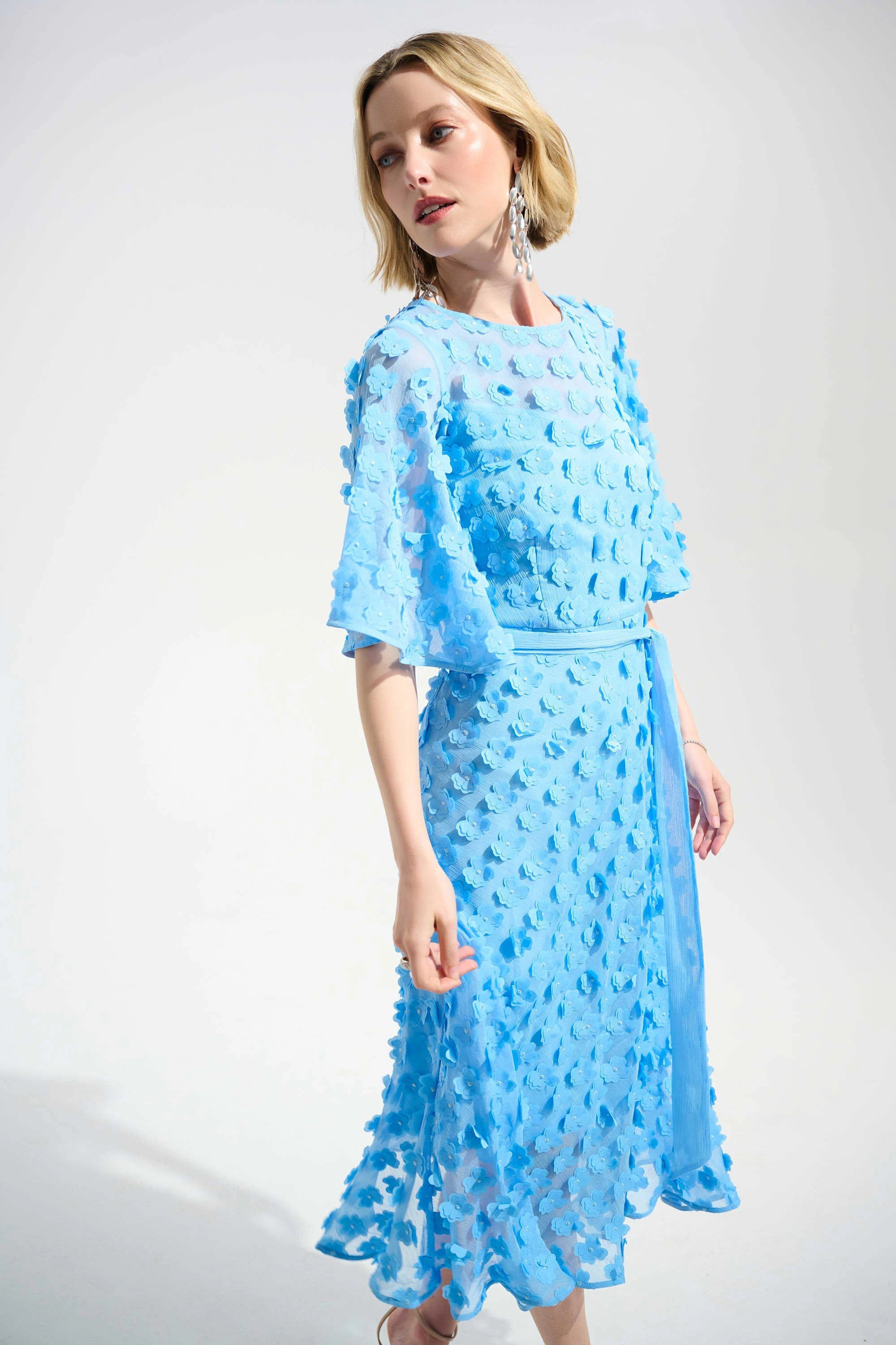 3D Embroidered Chiffon Fit And Flare Dress With Sash Belt 261738