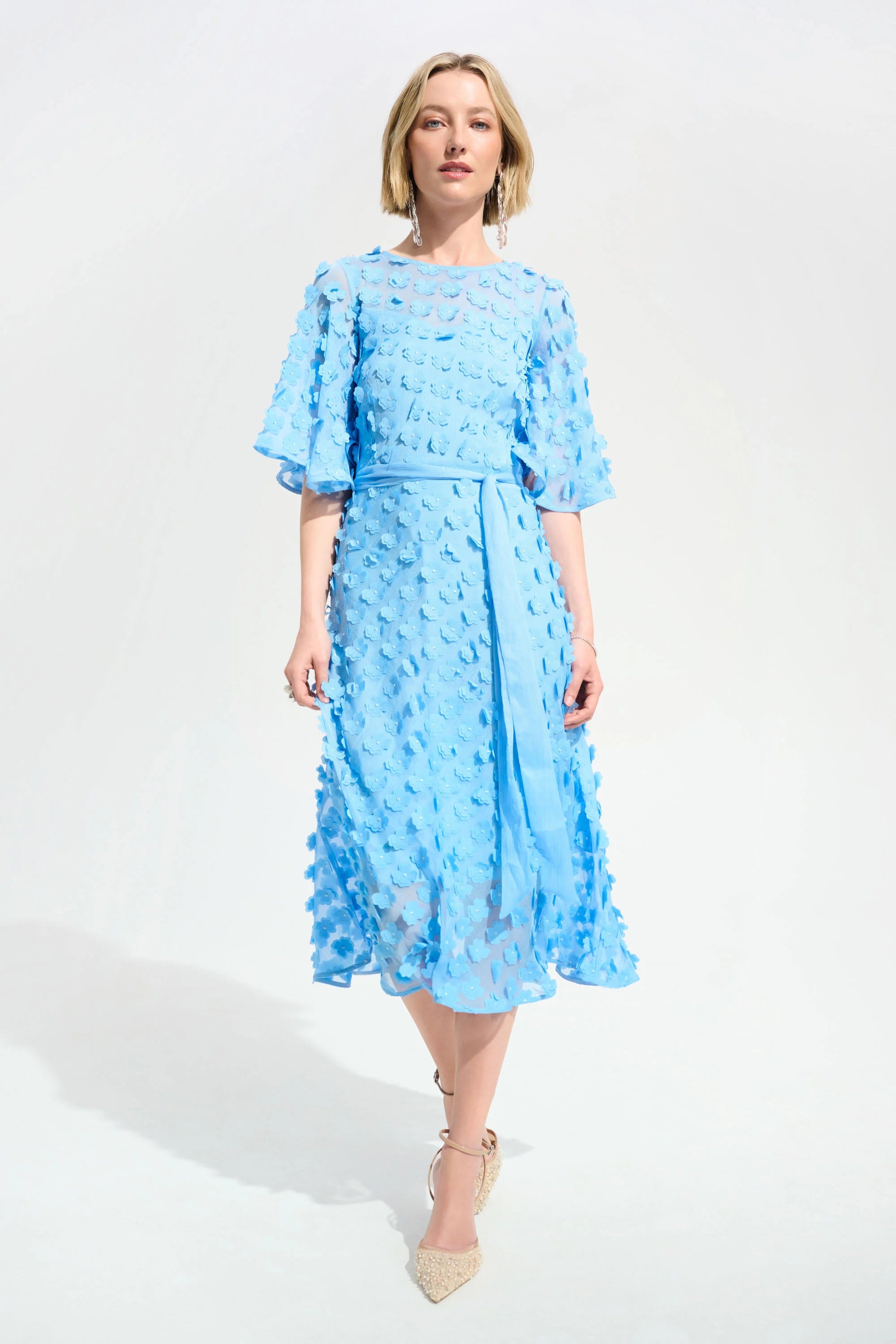 3D Embroidered Chiffon Fit And Flare Dress With Sash Belt 261738