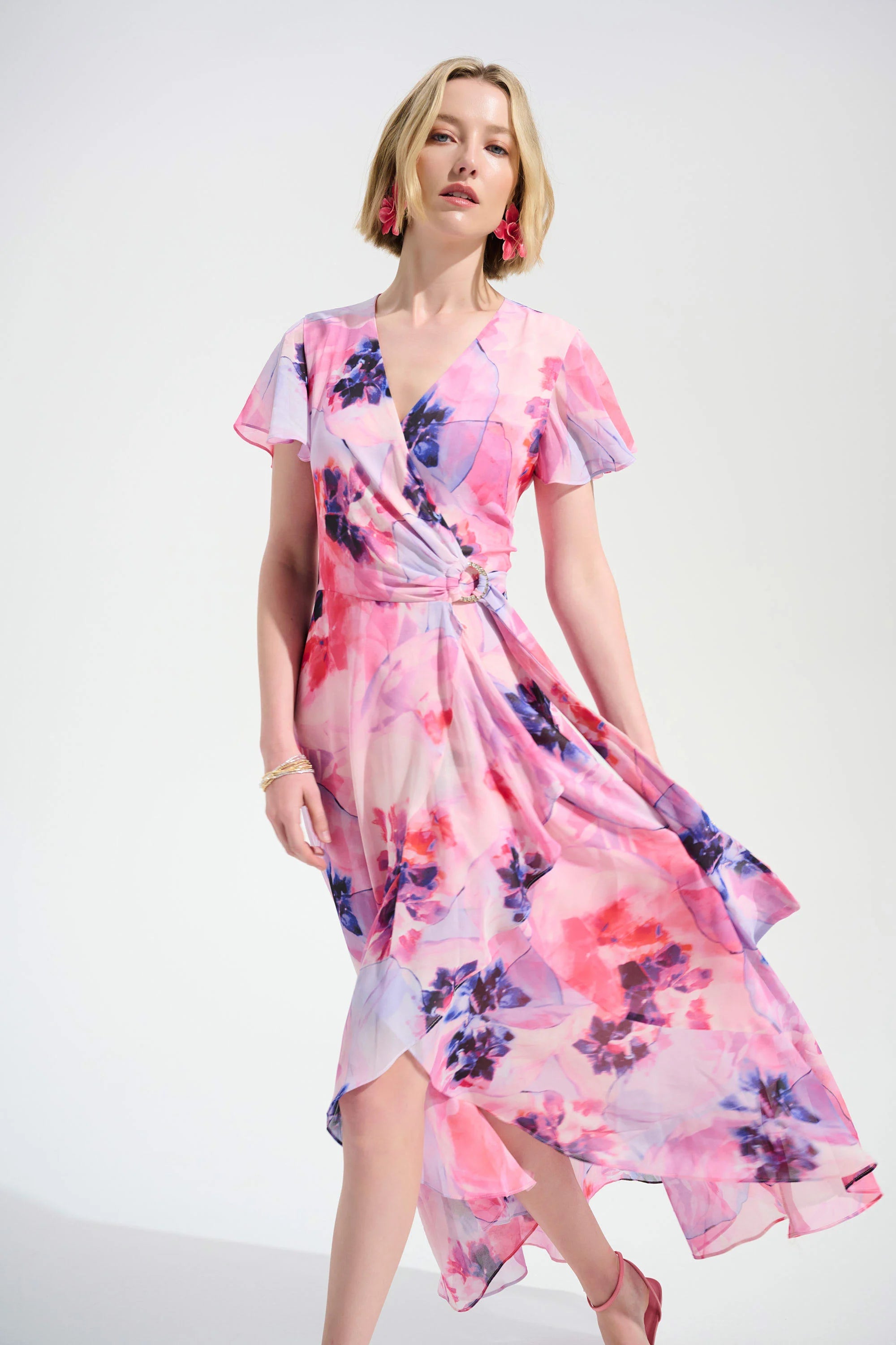 Chiffon Print Wrap Dress With Ruffle Detail in Multi 261739