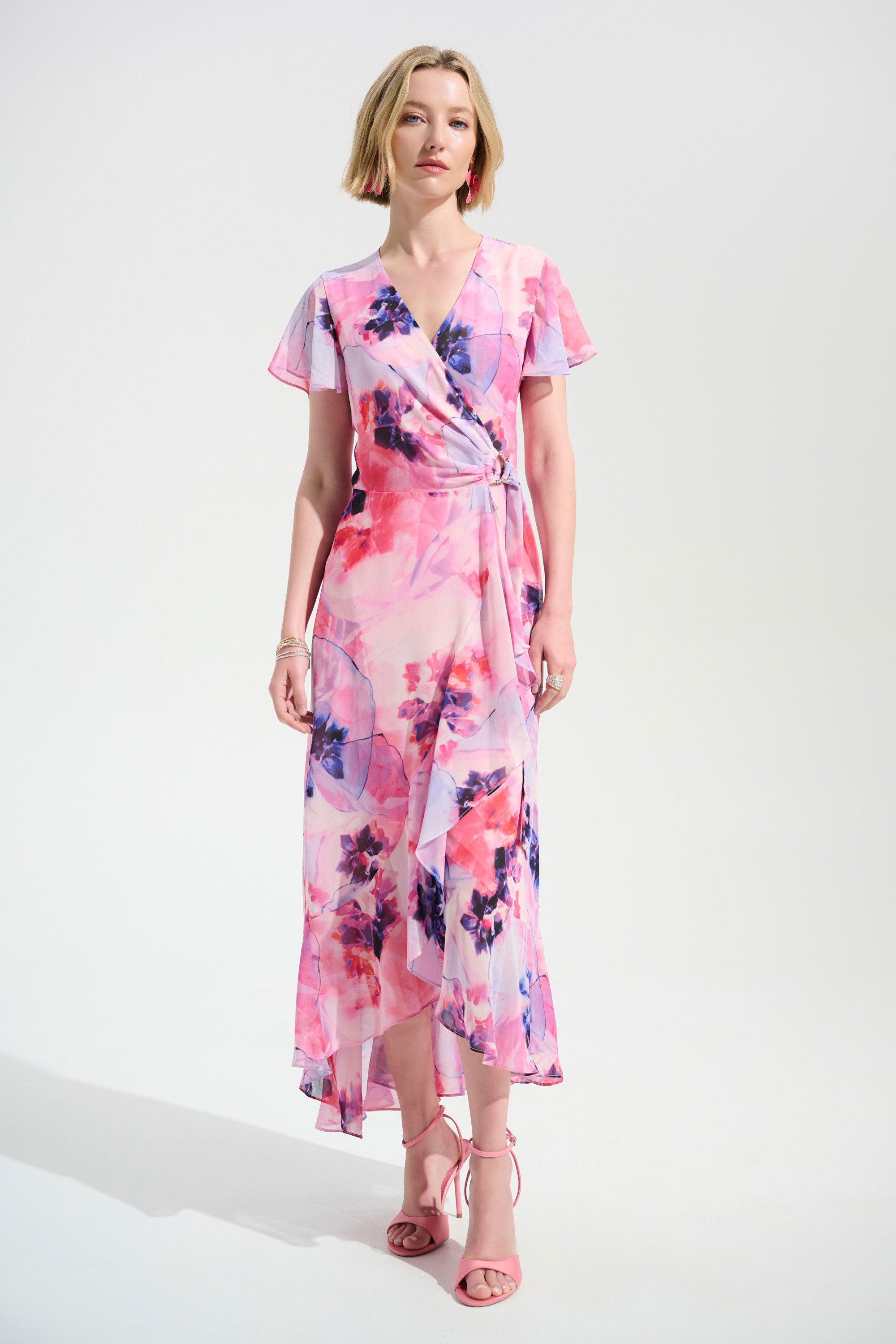 Chiffon Print Wrap Dress With Ruffle Detail in Multi 261739