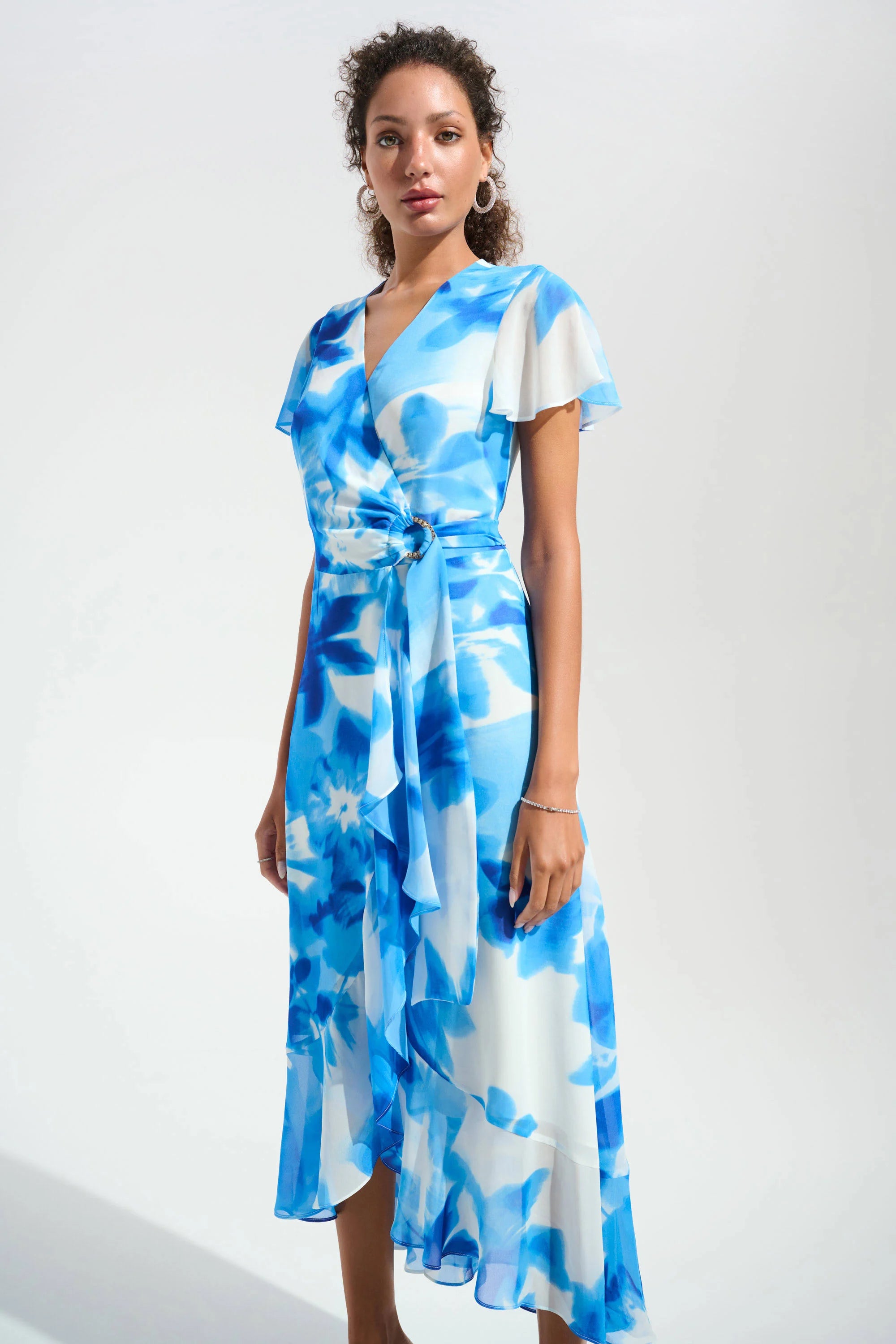 Chiffon Print Wrap Dress With Ruffle Detail in Vanilla/Blue 261739