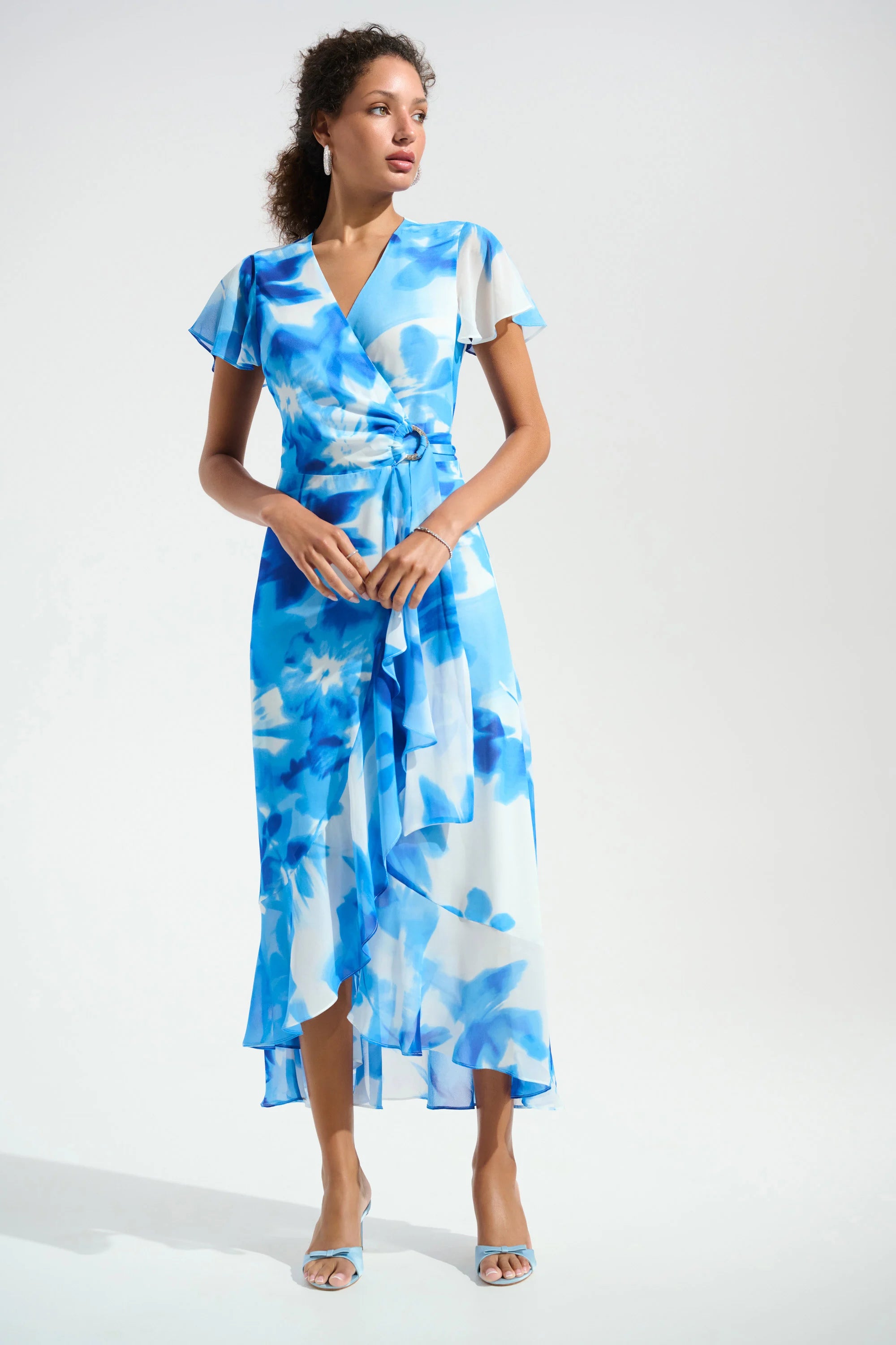 Chiffon Print Wrap Dress With Ruffle Detail in Vanilla/Blue 261739