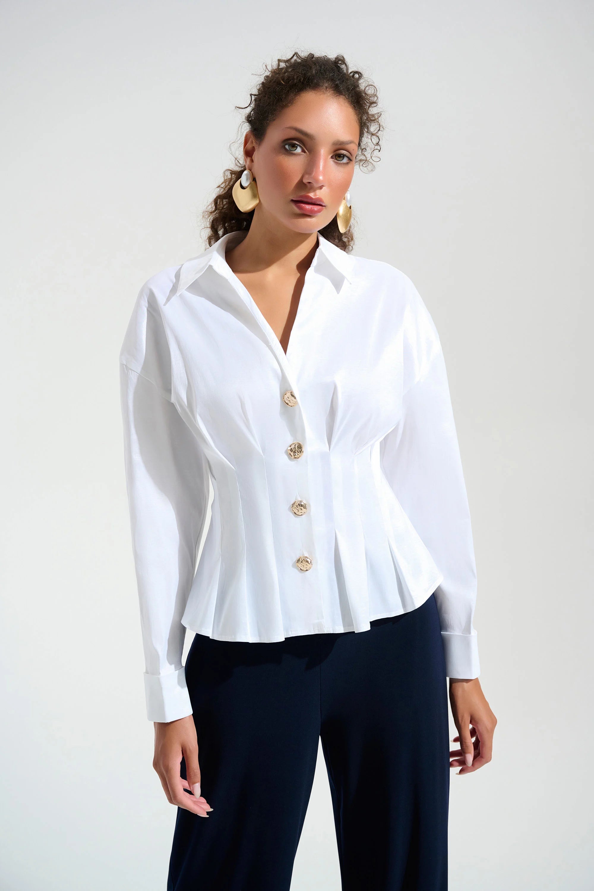 Stretch Taffeta Fit And Flare Blouse With Chain Link Button Cuffs in Vanilla  261742