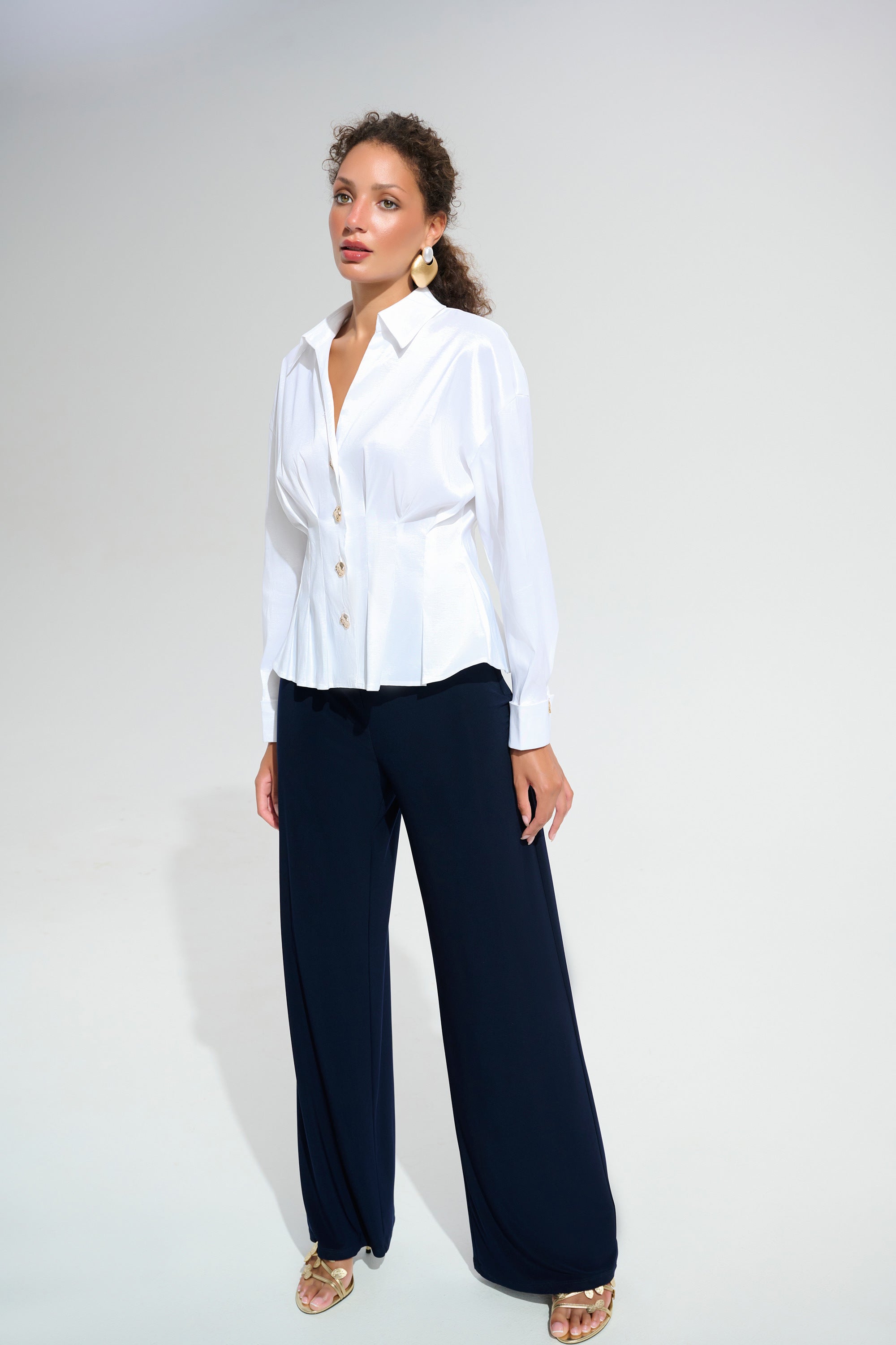 Stretch Taffeta Fit And Flare Blouse With Chain Link Button Cuffs in Vanilla  261742