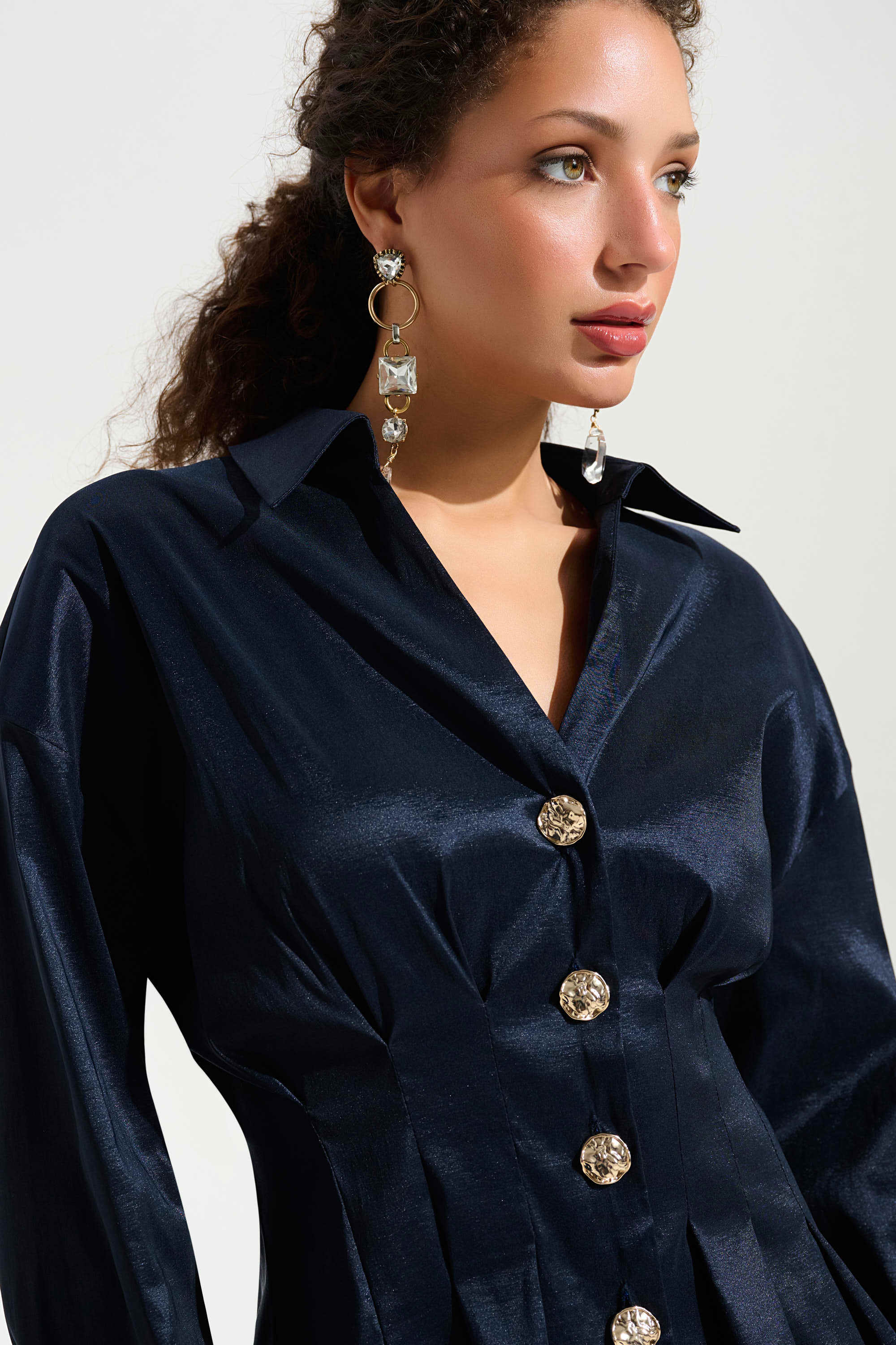 Stretch Taffeta Fit And Flare Blouse With Chain Link Button Cuffs in Navy 261742