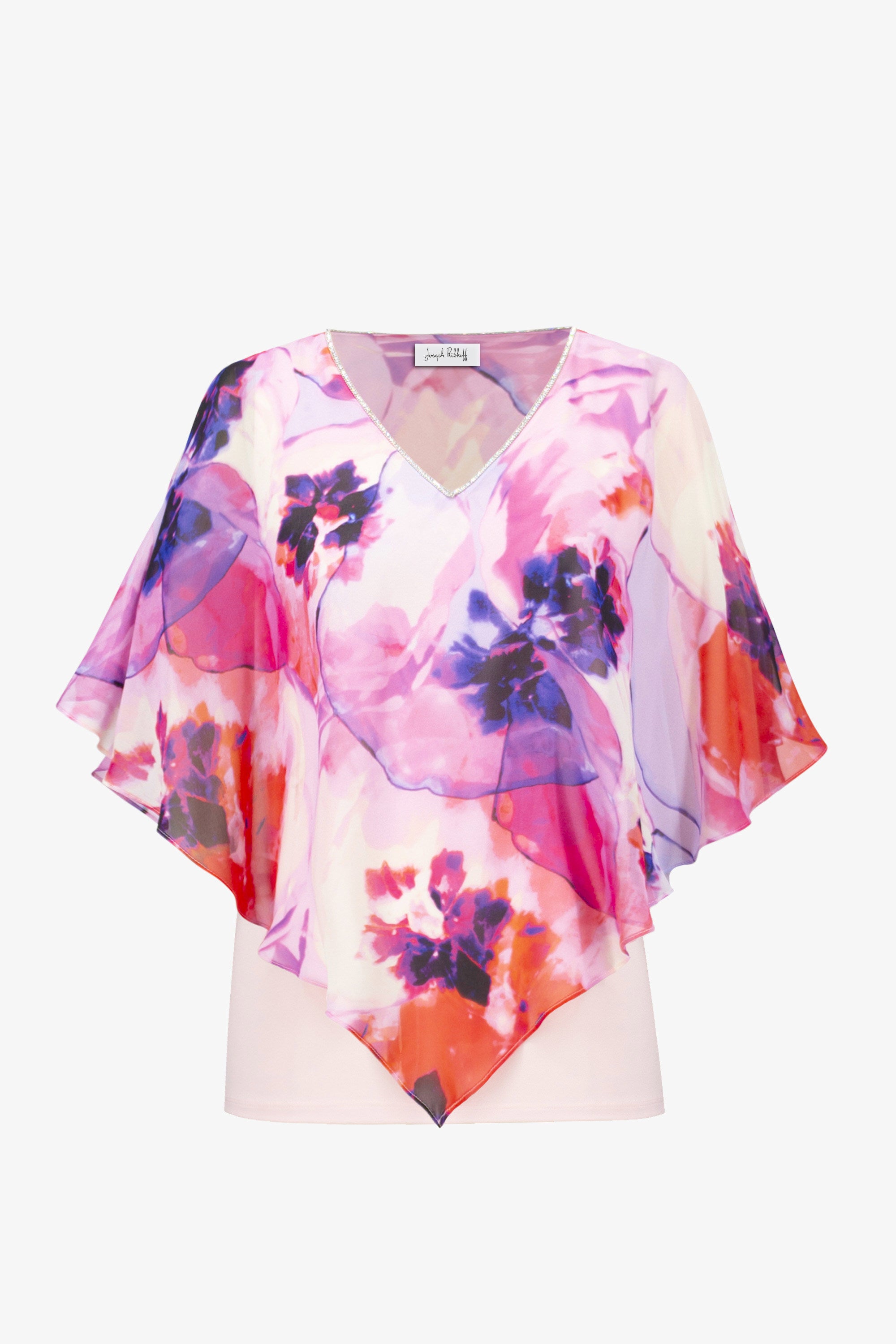 Silky Knit Floral Print Poncho With Chiffon Layer 261777
