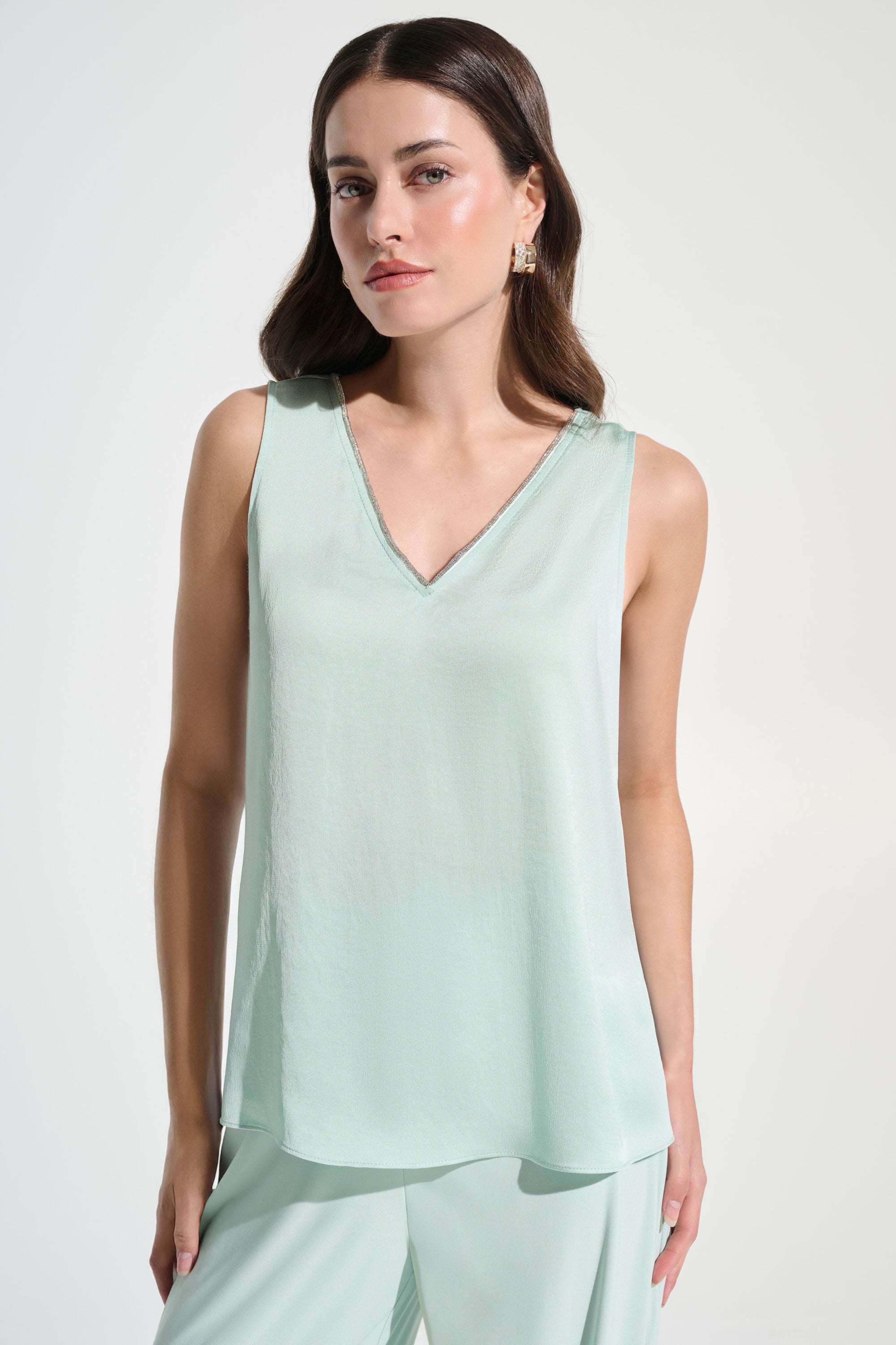 Recycled Satin Straight Top With Rhinestones Trim 261782S26