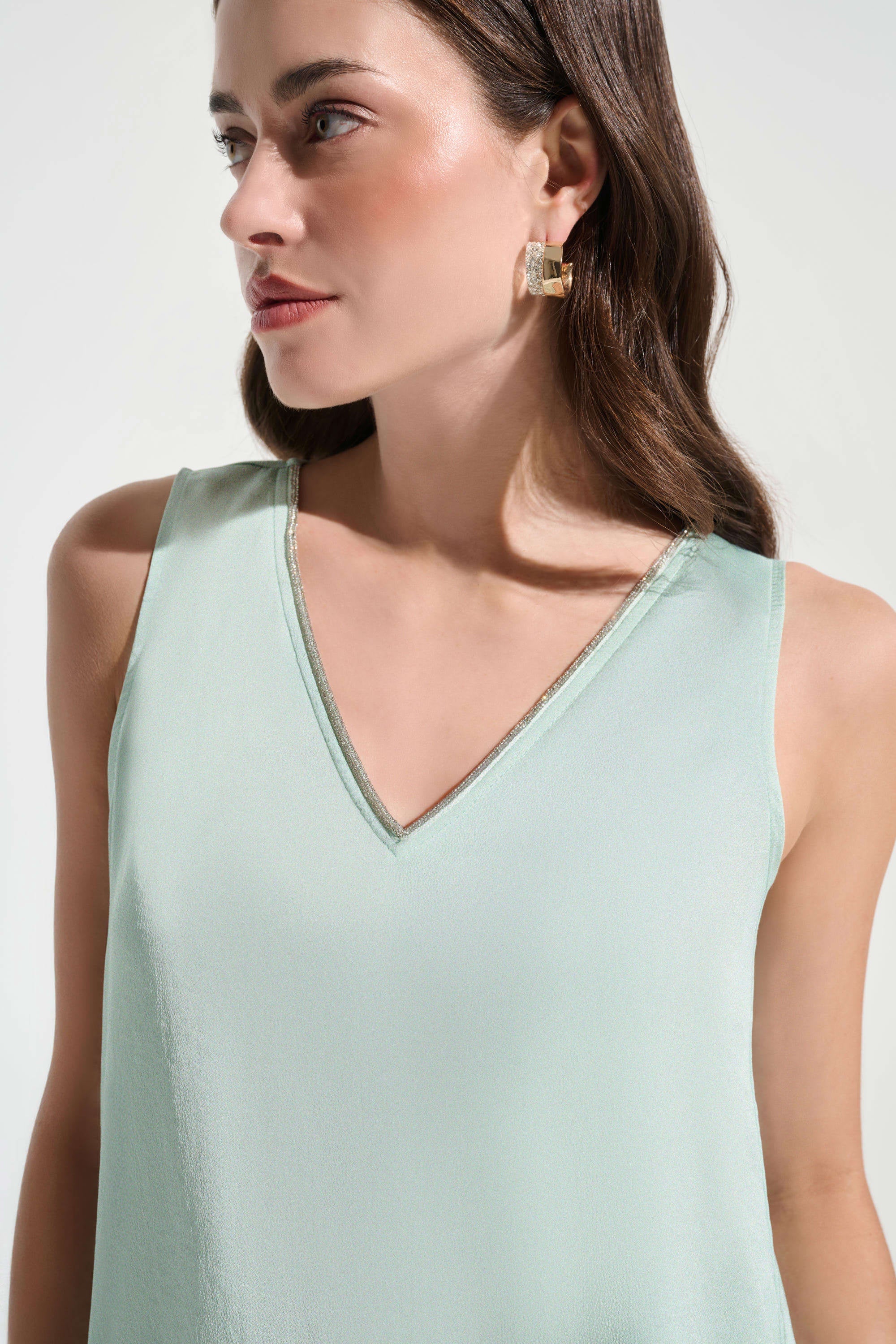 Recycled Satin Straight Top With Rhinestones Trim 261782S26