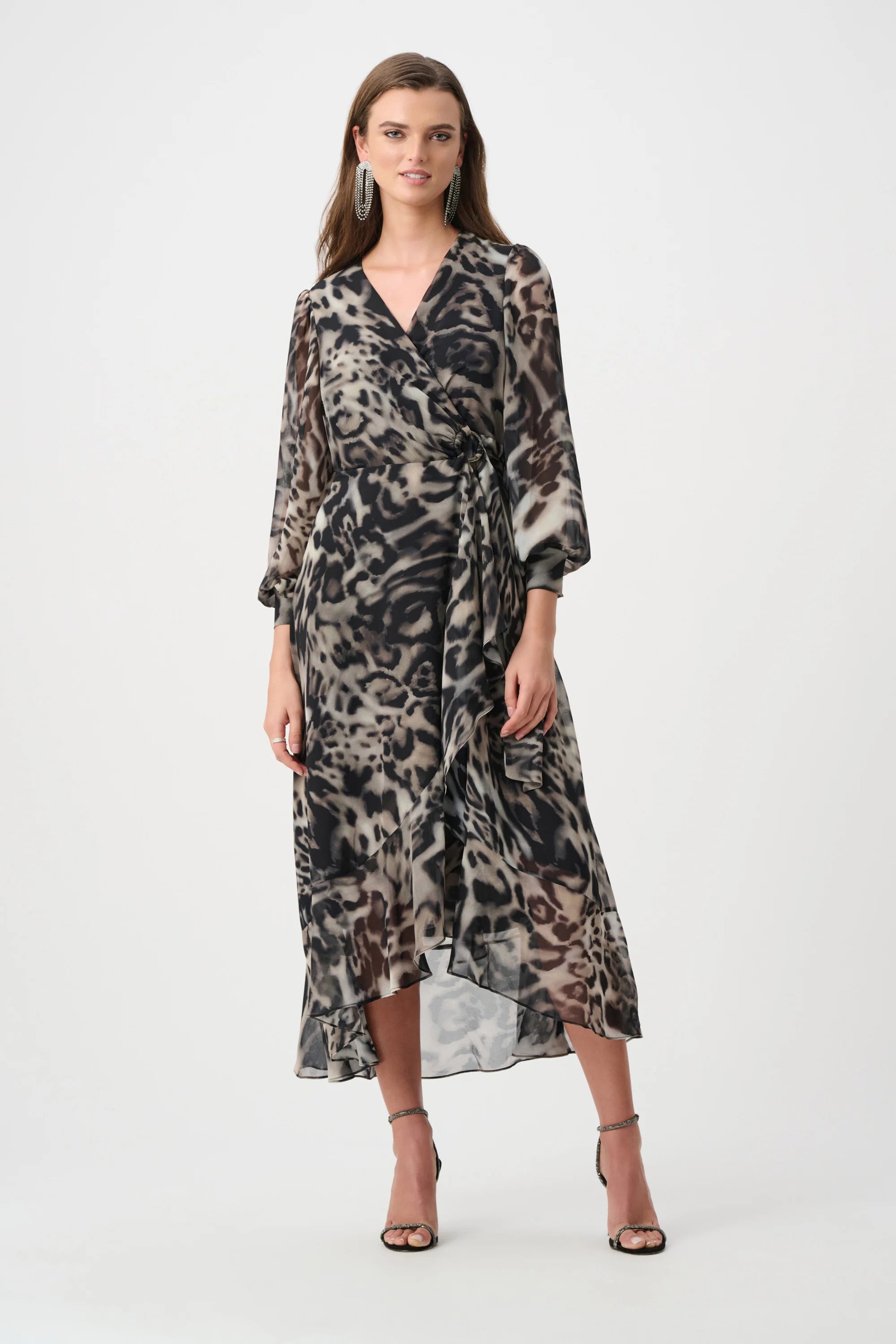 Chiffon Printed Fit and Flare Wrap Dress in Grey Multi Print 263739