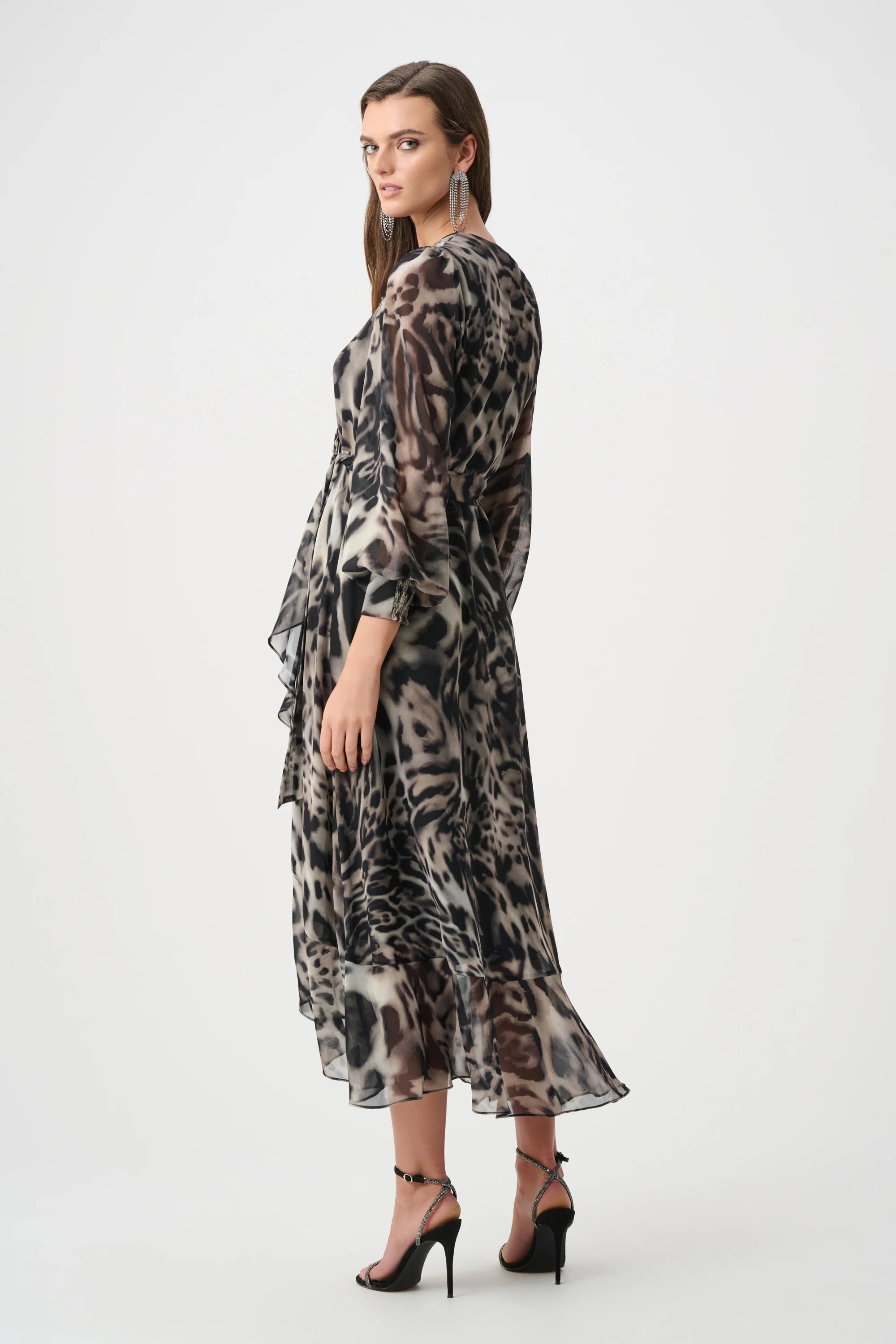 Chiffon Printed Fit and Flare Wrap Dress in Grey Multi Print 263739