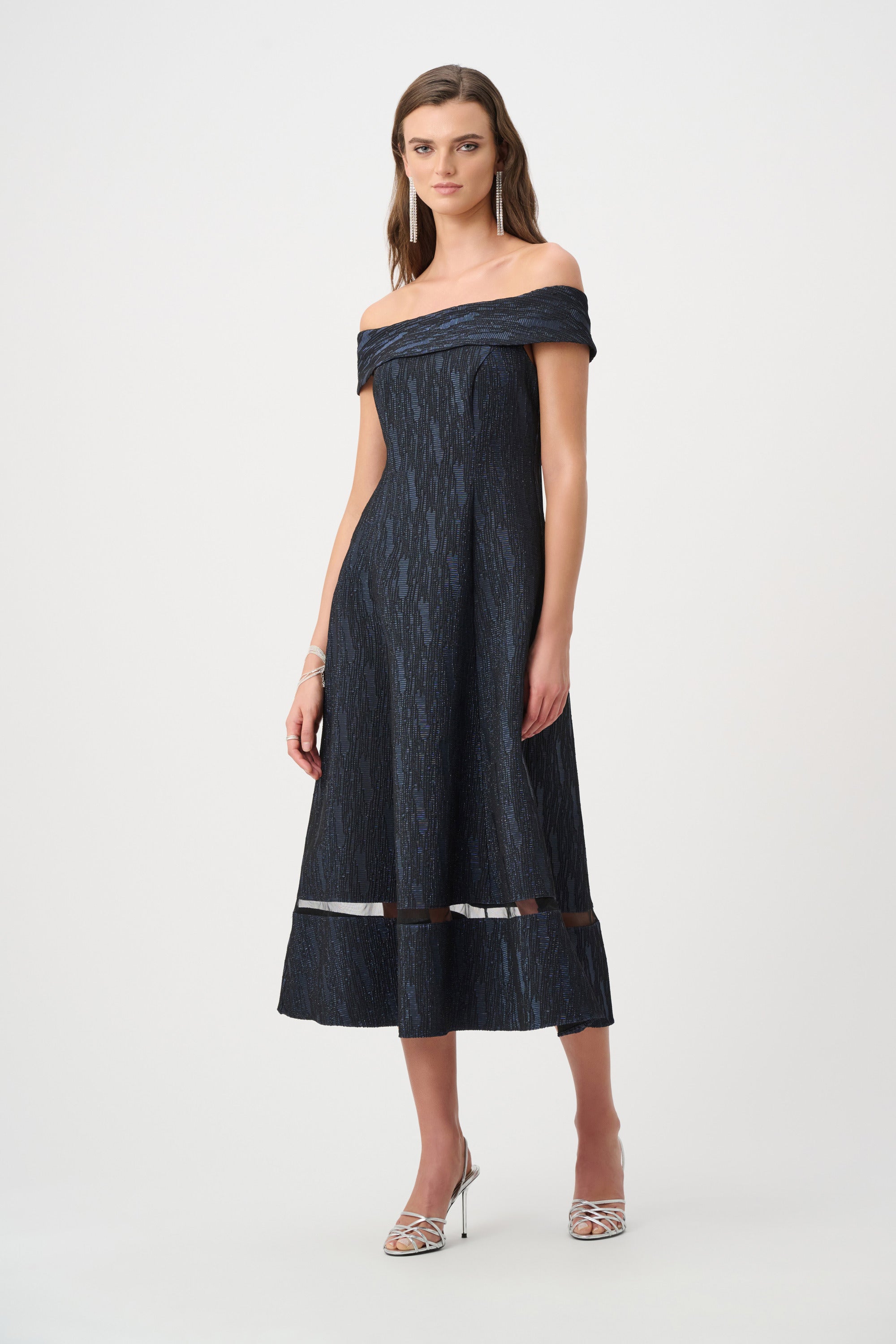 |Foil-Textured Jacquard Off-Shoulder Fit and Flare Dress 263742