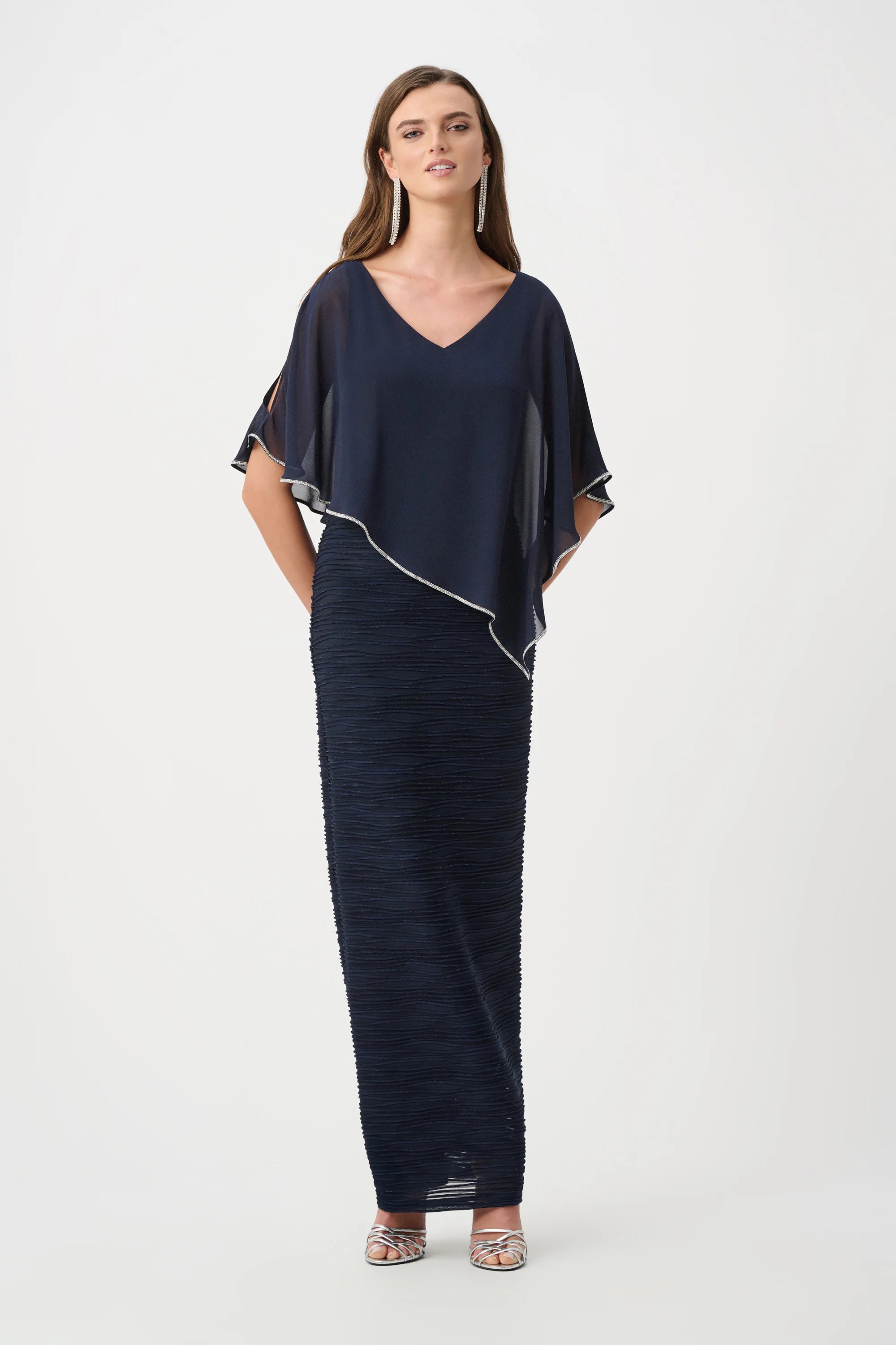 Sparkle Cascade Gown With Chiffon Poncho Overlay 263748