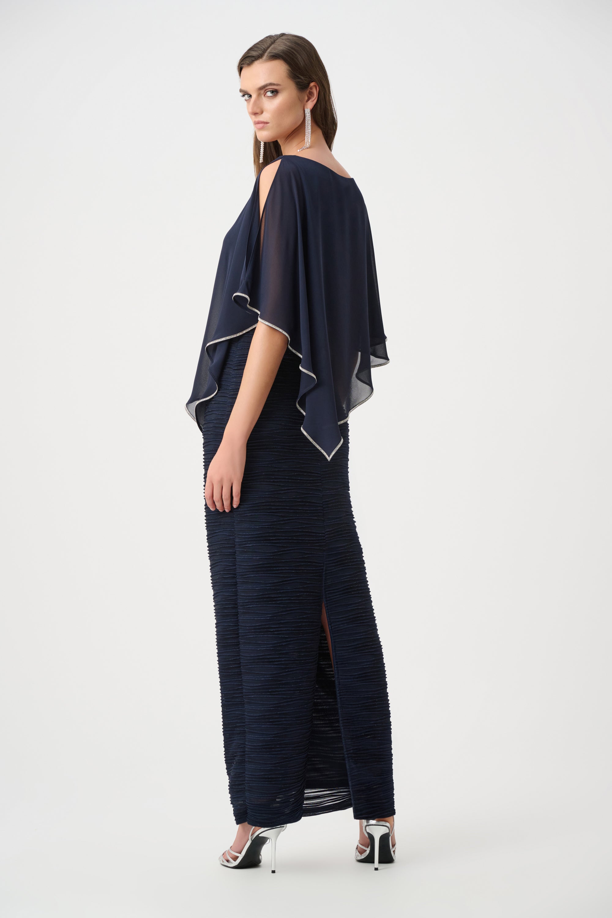 Sparkle Cascade Gown With Chiffon Poncho Overlay 263748