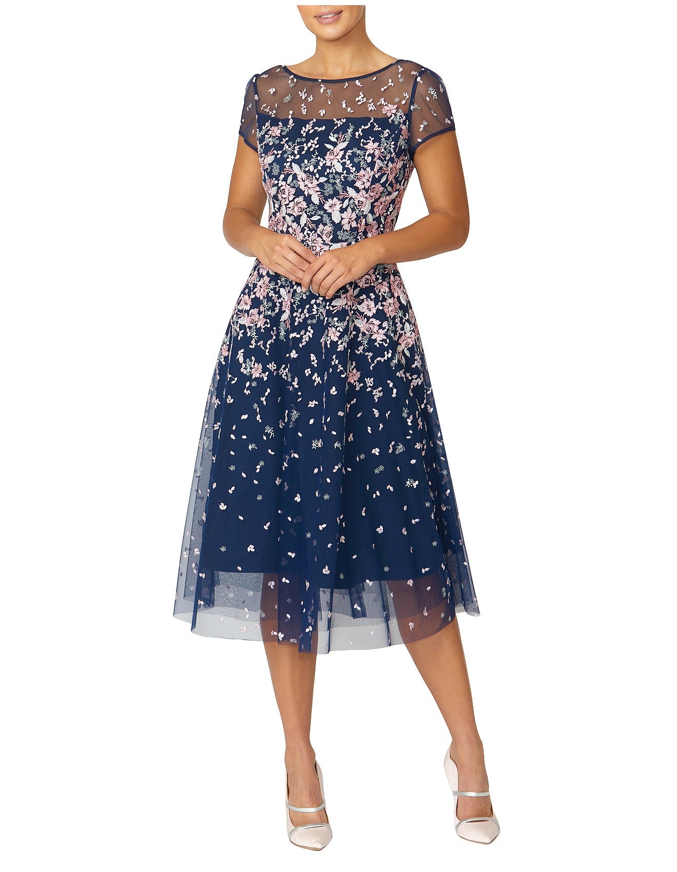 Embroidered A-Line Dress in Navy/Pink KB18460