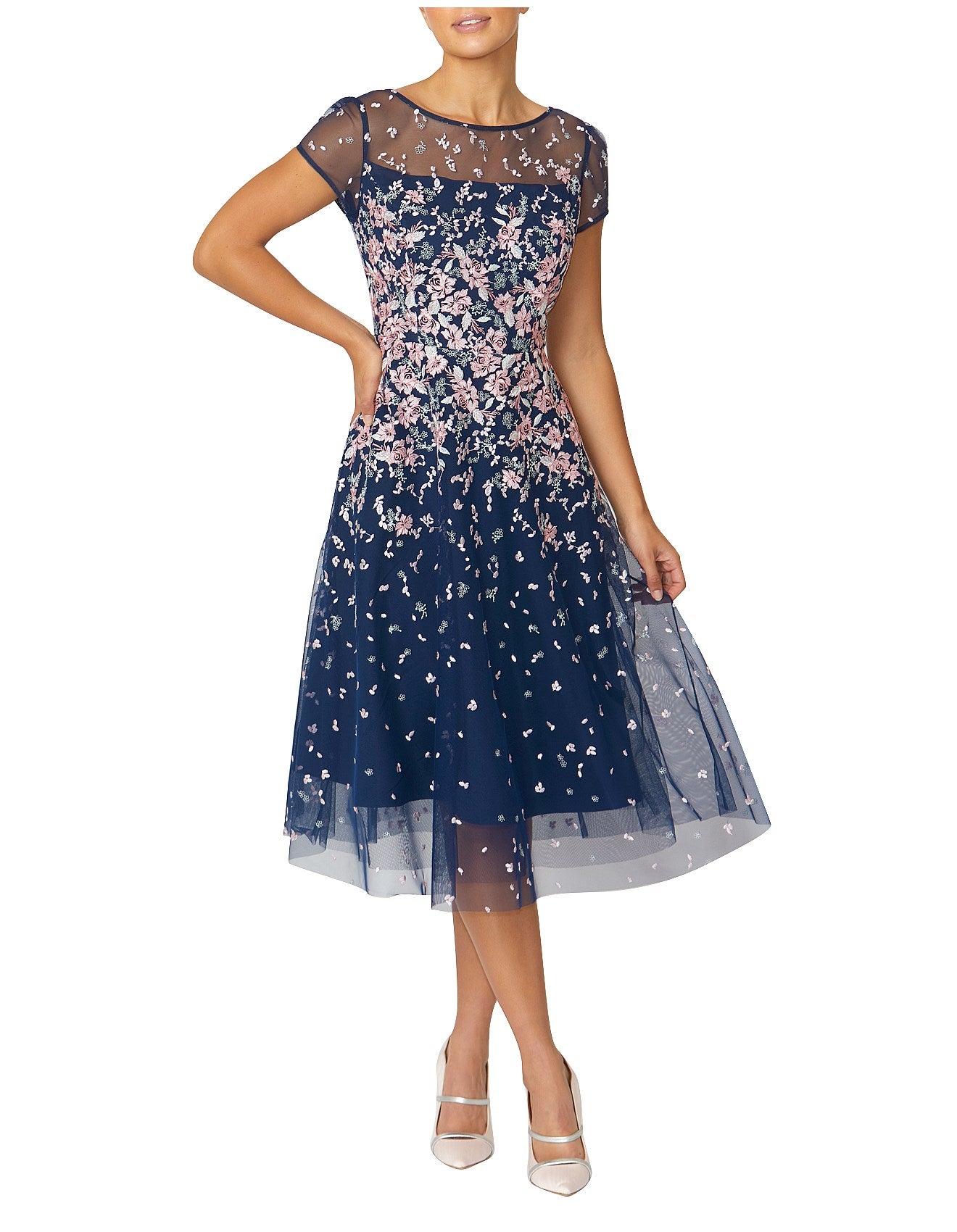 Embroidered A-Line Dress in Navy/Pink KB18460