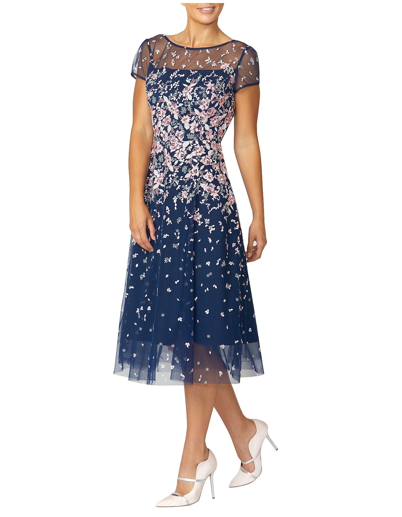 Embroidered A-Line Dress in Navy/Pink KB18460