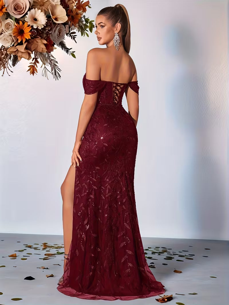 Off The Shoulder Leaf Sequin Dress in Burgundy