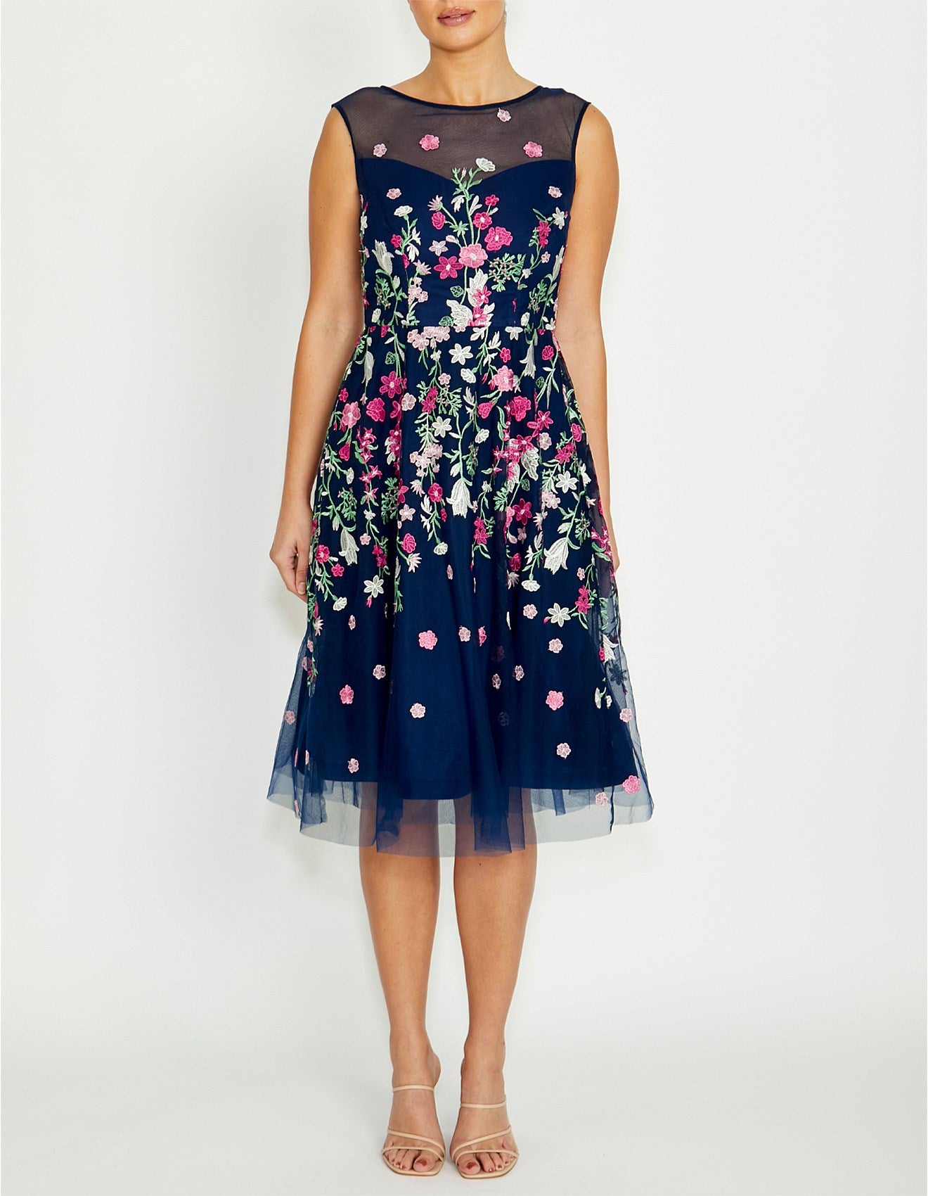 Navy and Pink Floral Embroidered Tulle Dress