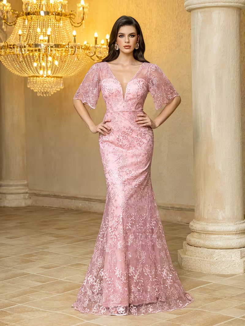 Elegant Pink Embroidered Sequin Gown
