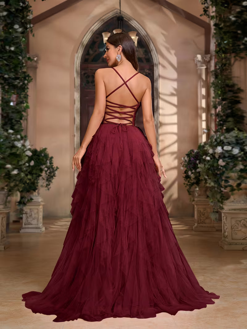 Ruffled Tulle Dress in Crimson